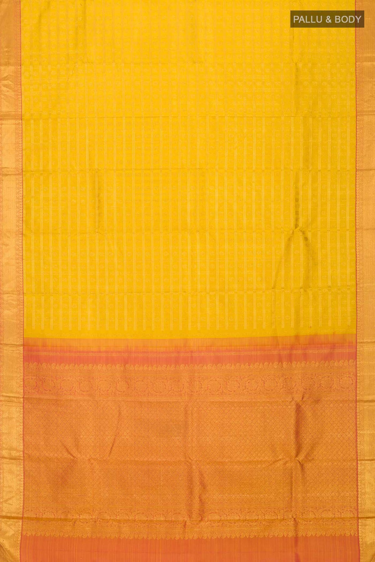 Flat view of Yellow Kanchipuram Silk Saree with Zari Brocade on the body and Zari Border