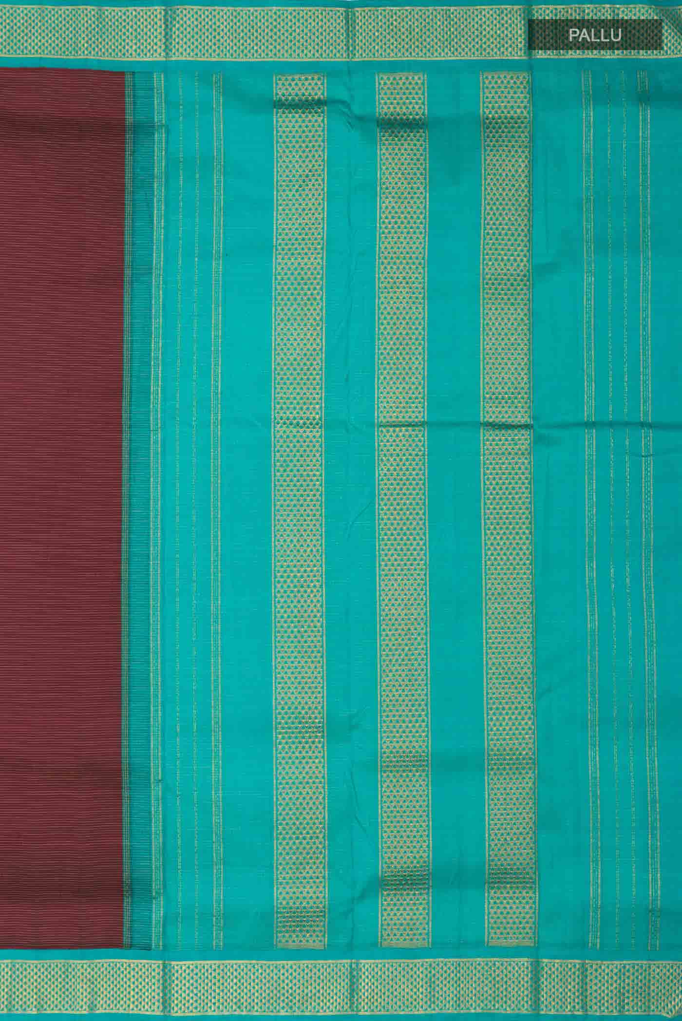 Close up image of the pallu of Pure Silk Pure Zari Maroon Kanchipuram Nine Yards Saree with Stripes on the body and Zari Border