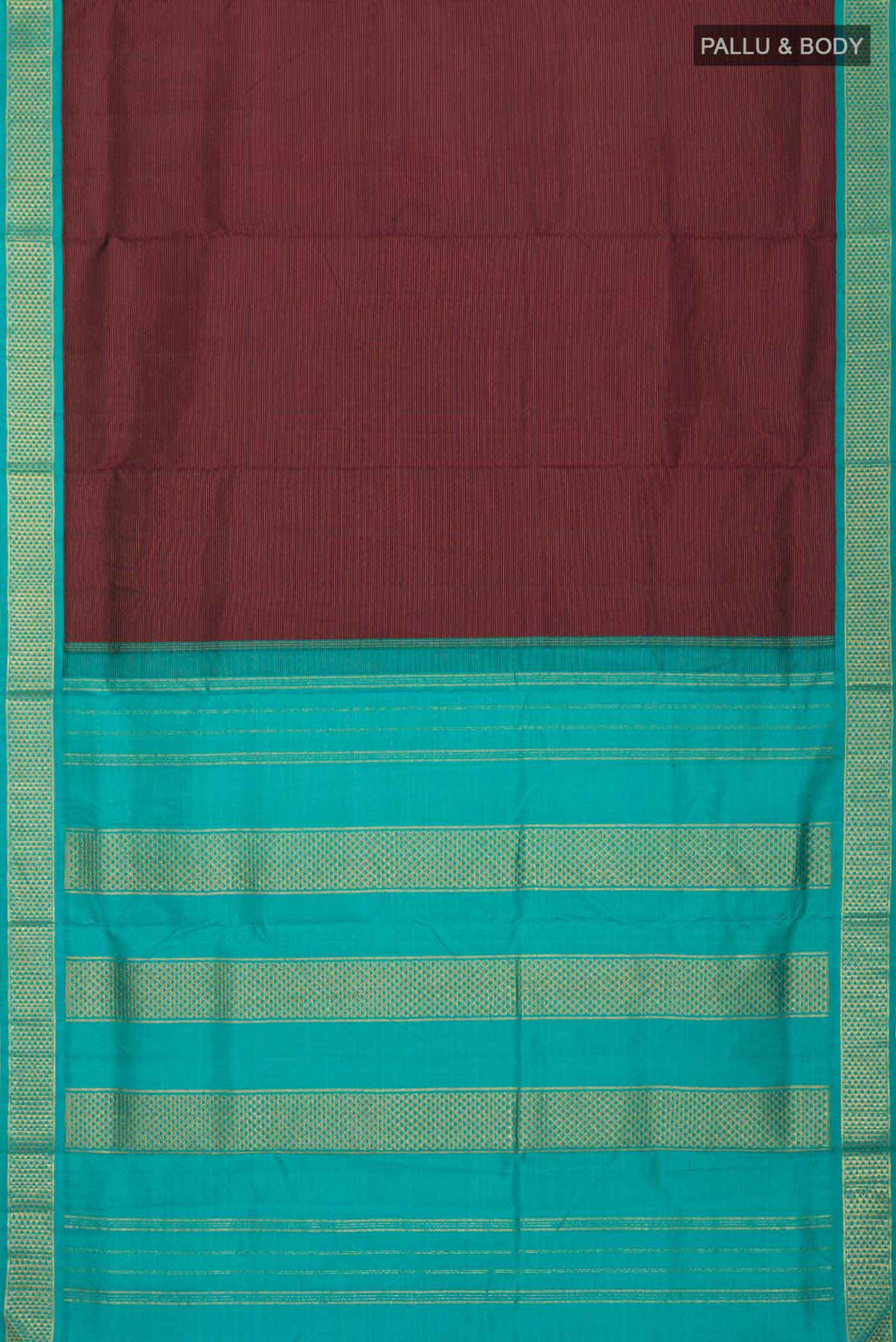 Flat view of Pure Silk Pure Zari Maroon Kanchipuram Nine Yards Saree with Stripes on the body and Zari Border