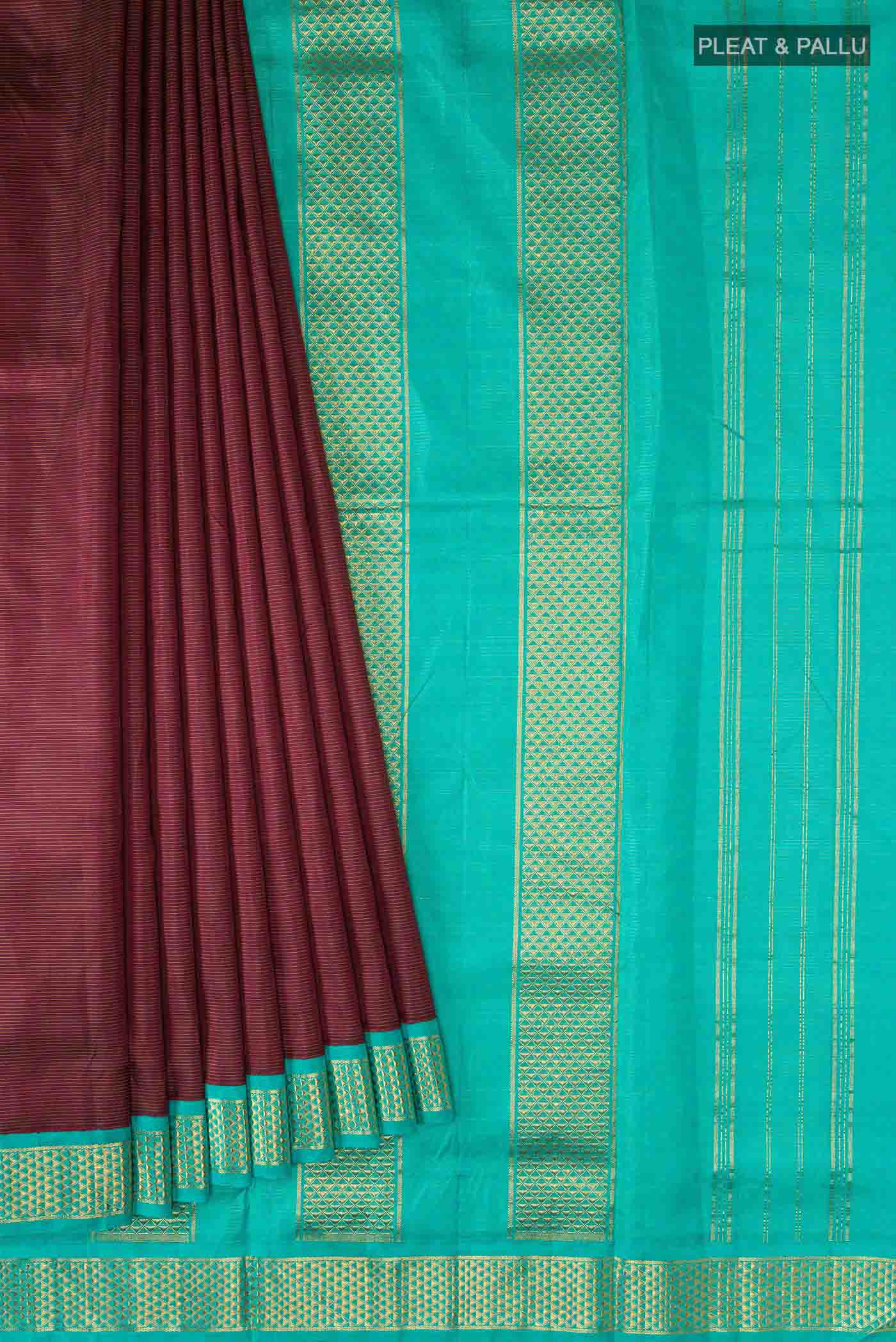 Pleats and pallu of Pure Silk Pure Zari Maroon Kanchipuram Nine Yards Saree with Stripes on the body and Zari Border