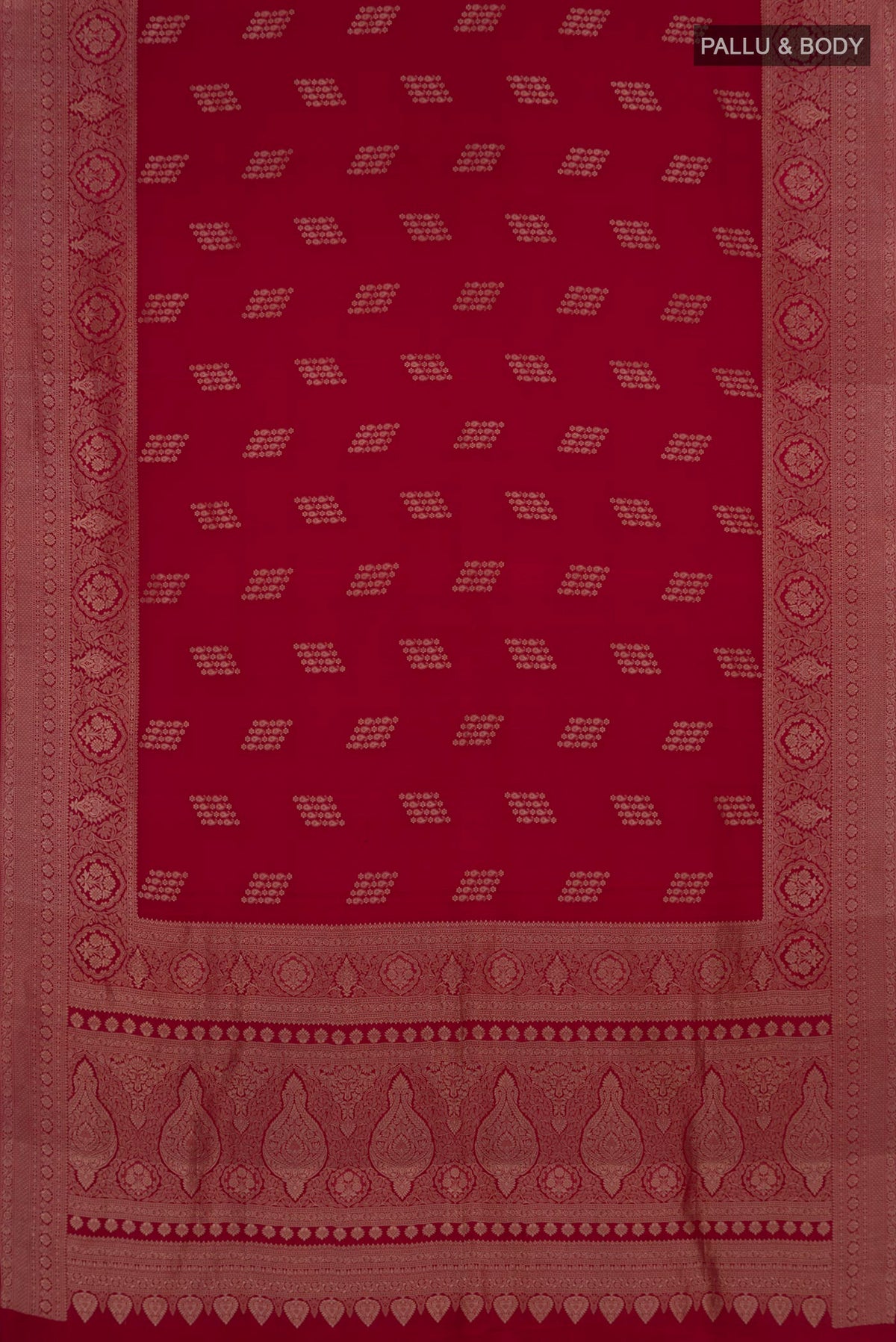 Flat view of Maroon Mysore Crepe Saree with Zari Butta on the body and Zari Border. 
