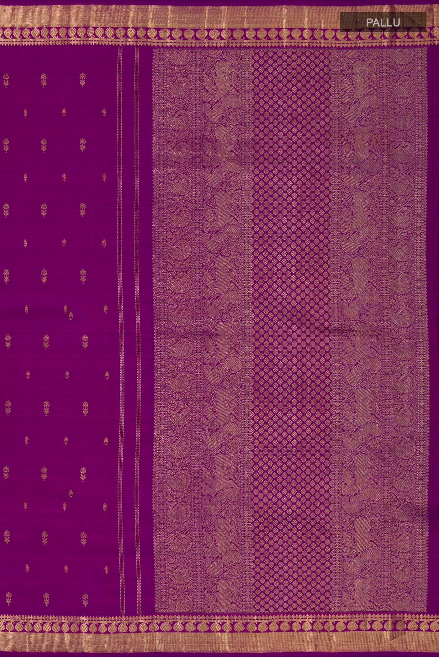 Close up image of the pallu of Pure Silk Pure Zari Purple Kanchipuram Saree with Zari Butta on the body and Zari Border. 