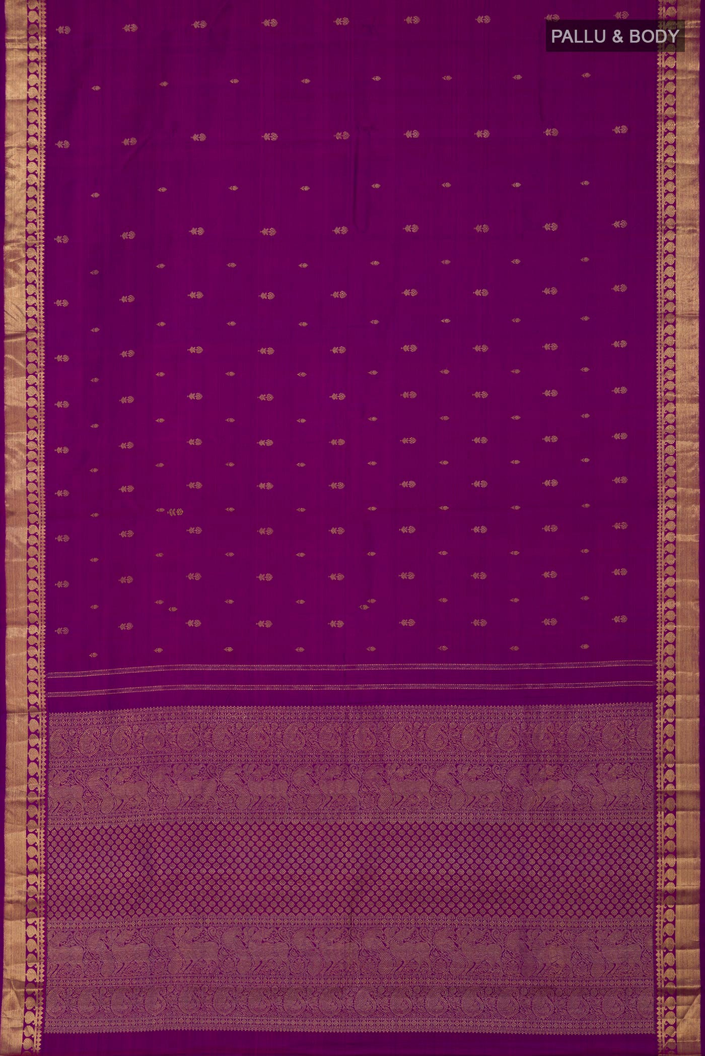 Flat view of Pure Silk Pure Zari Purple Kanchipuram Saree with Zari Butta on the body and Zari Border. 