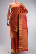 Pure Silk Pure Zari Red with Pink Color Kanchipuram Saree with Zari Brocade on the body and Zari Border displayed on a mannequin