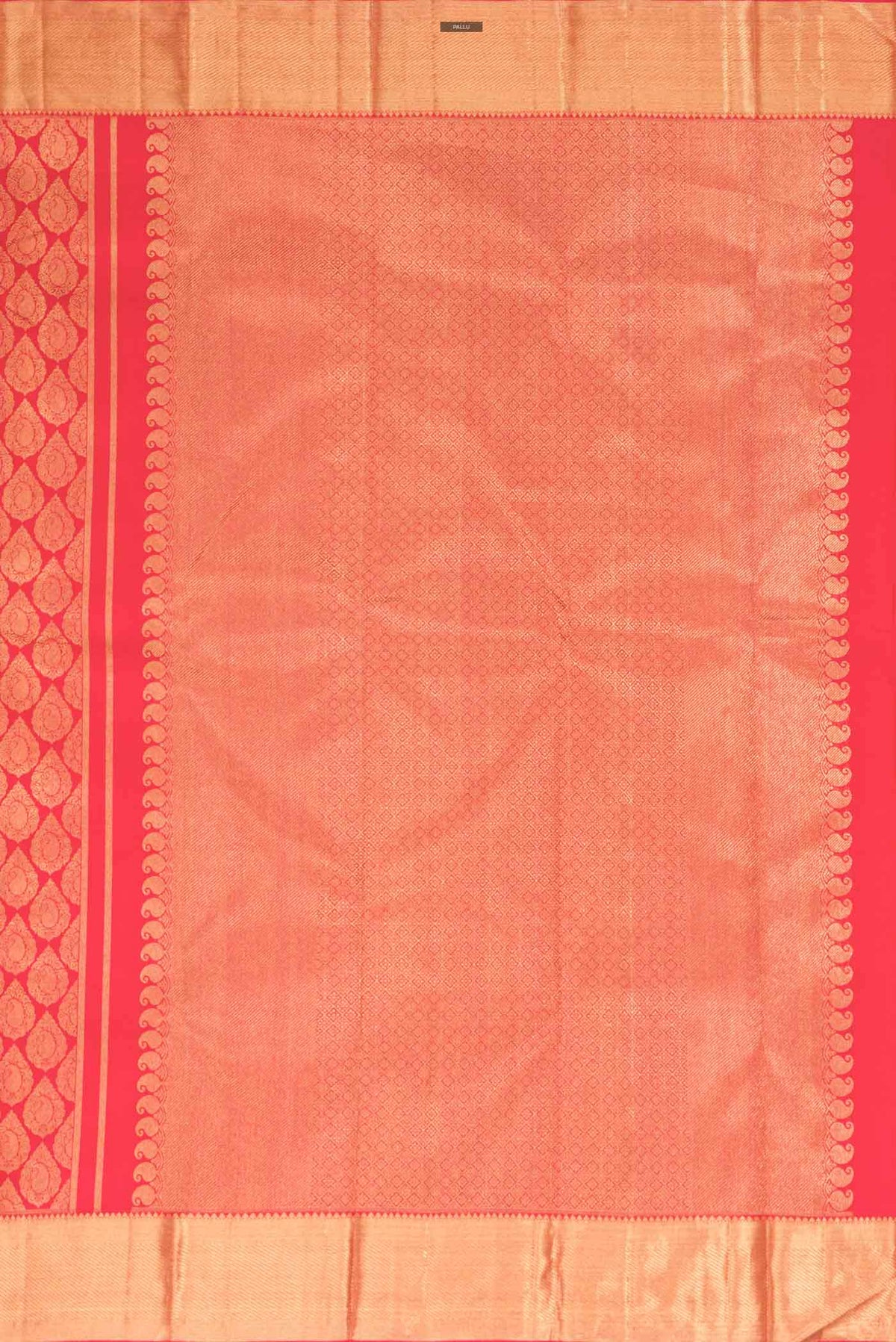 Close up image of the pallu of Pure Silk Pure Zari Red with Pink Color Kanchipuram Saree with Zari Brocade on the body and Zari Border
