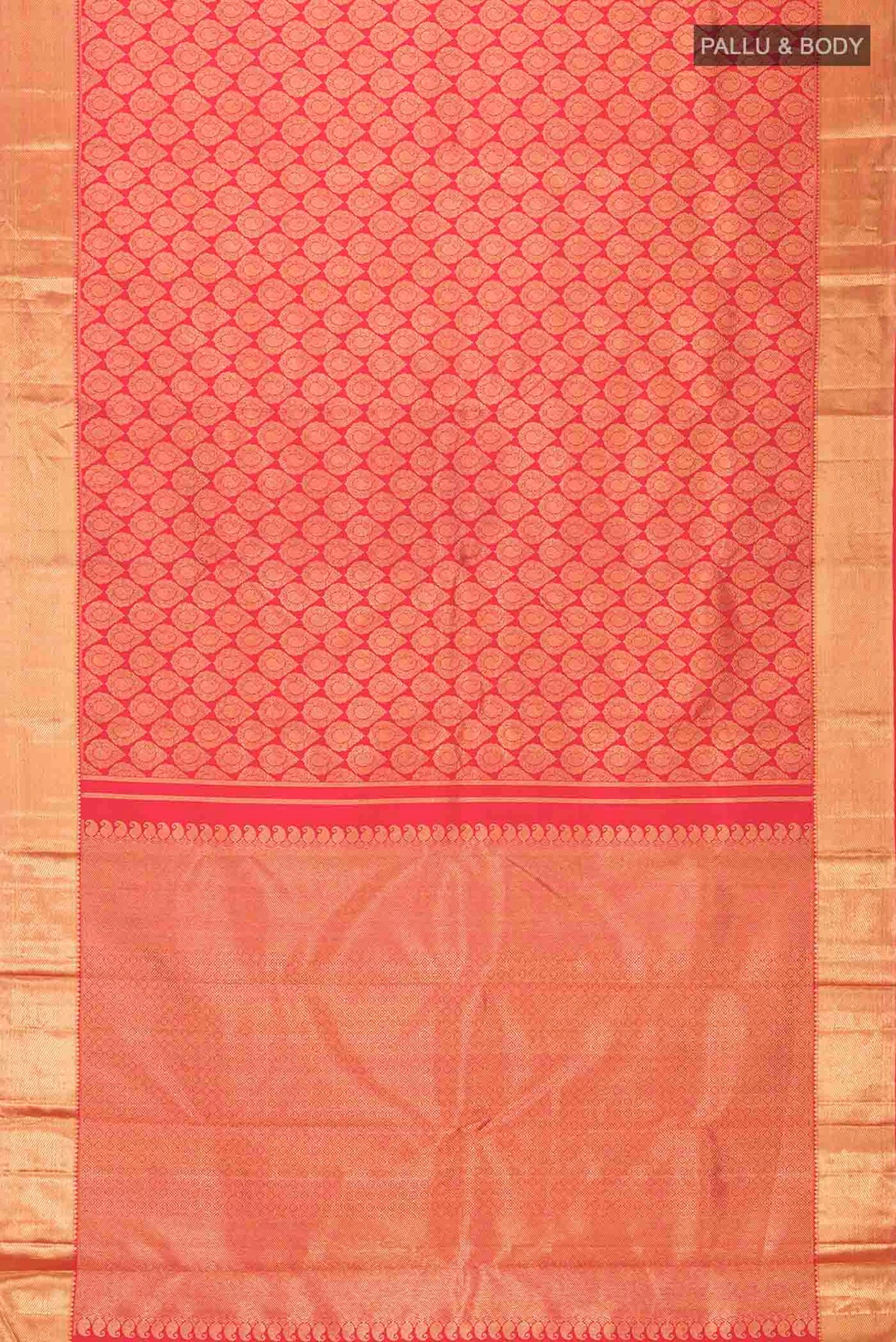 Flat view of Pure Silk Pure Zari Red with Pink Color Kanchipuram Saree with Zari Brocade on the body and Zari Border