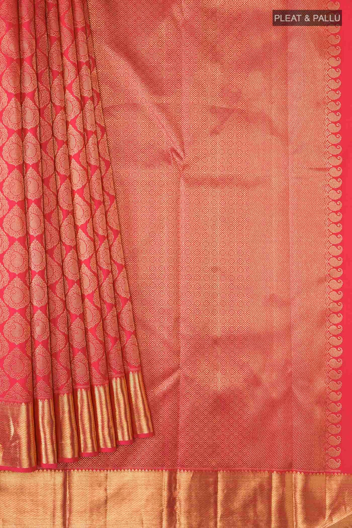 Pleats and pallu of Pure Silk Pure Zari Red with Pink Color Kanchipuram Saree with Zari Brocade on the body and Zari Border