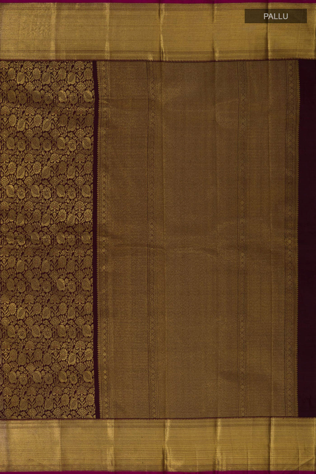 Close up image of the pallu of Pure Silk Pure Zari Coffee Brown Kanjivaram Saree with Zari Brocade on the body and Zari Border. 