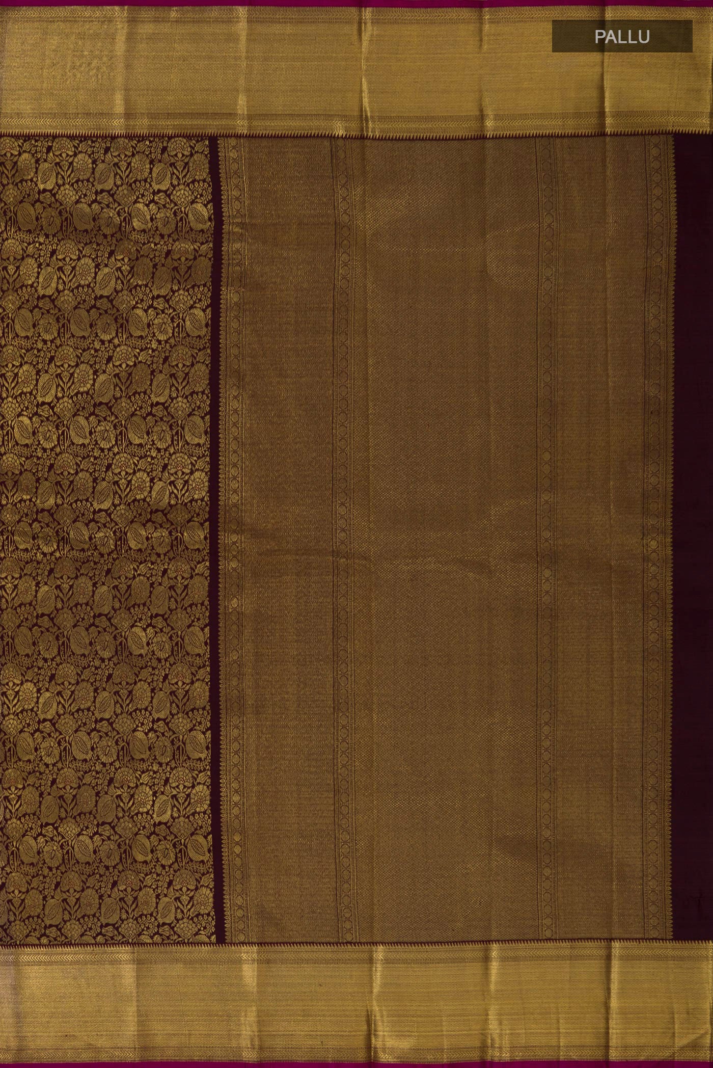 Close up image of the pallu of Pure Silk Pure Zari Coffee Brown Kanjivaram Saree with Zari Brocade on the body and Zari Border. 