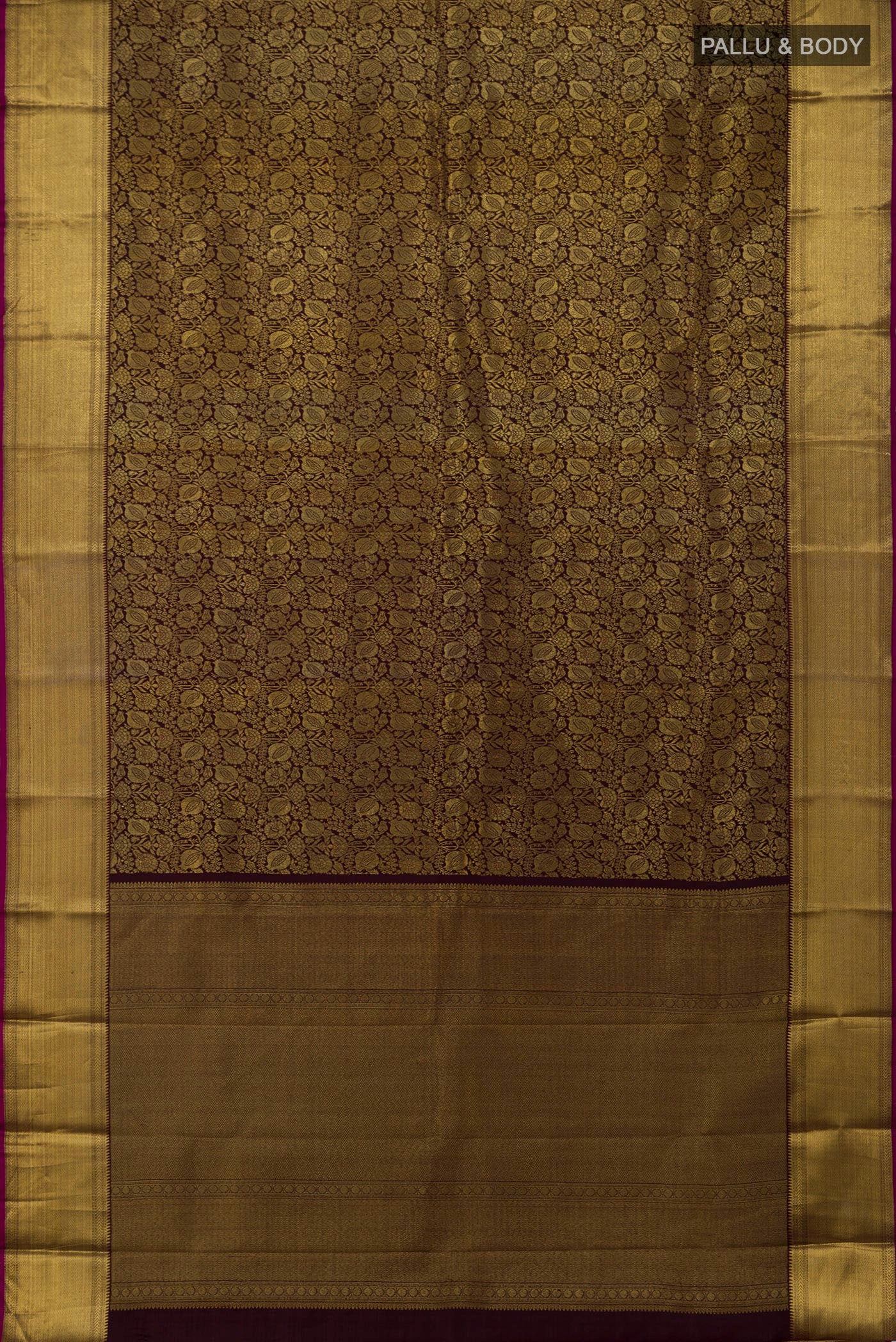 Flat view of Pure Silk Pure Zari Coffee Brown Kanjivaram Saree with Zari Brocade on the body and Zari Border. 