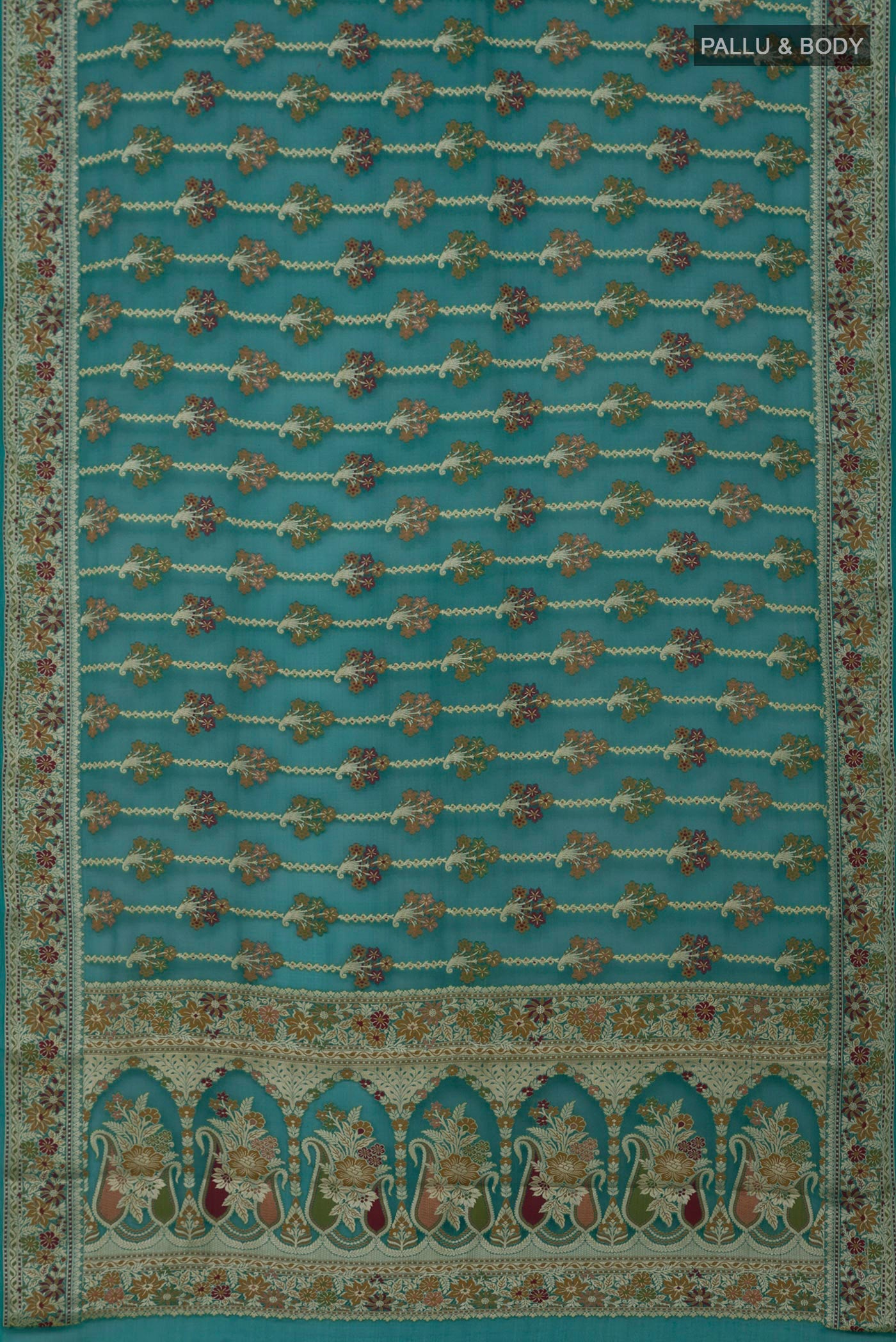 Flat view of Sea Green Banarasi Georgette Saree with Thread Butta on the body and Thread Border. 