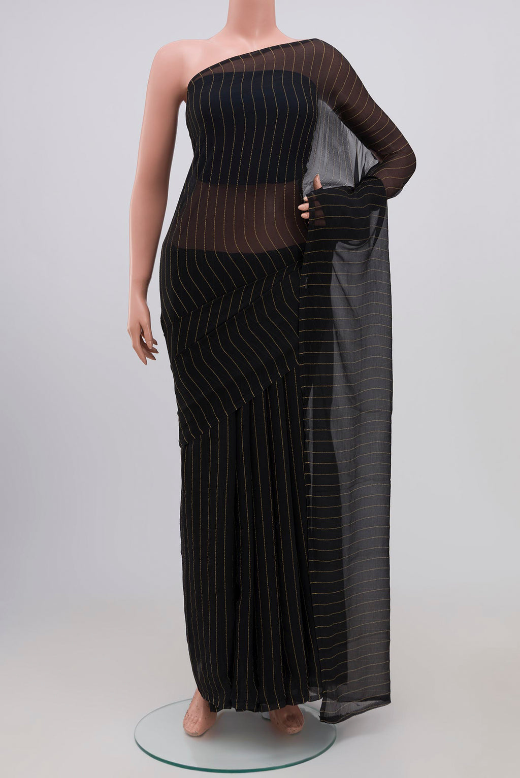Black Chiffon Saree with Zari Butta on the body and Without Border.  displayed on a mannequin