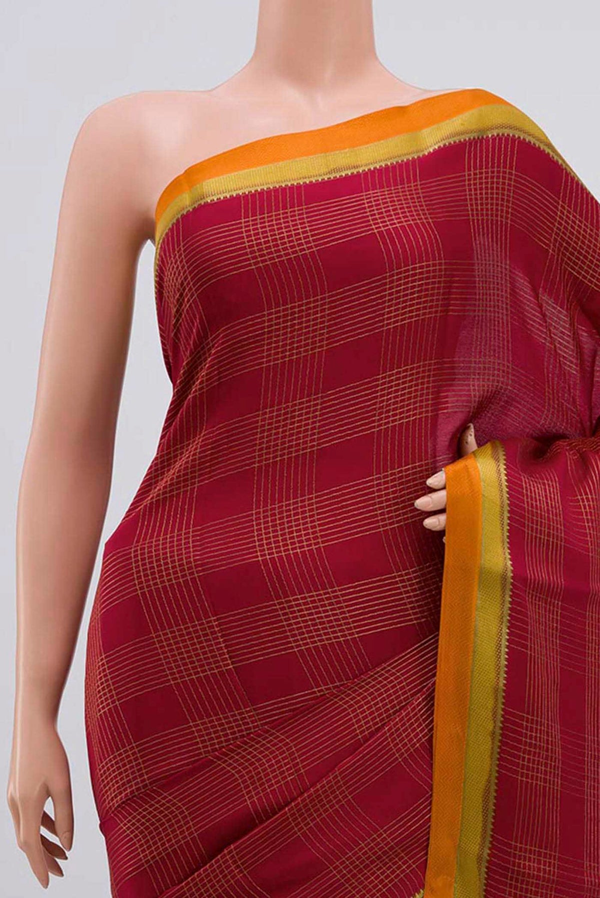 Border image of Maroon Mysore Crepe Saree with Checked design on the body and Zari Border