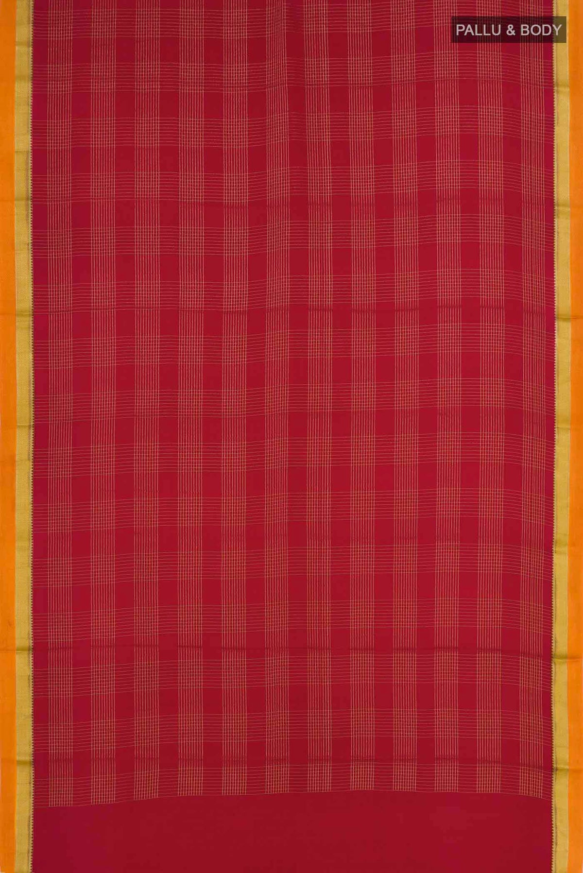 Flat view of Maroon Mysore Crepe Saree with Checked design on the body and Zari Border