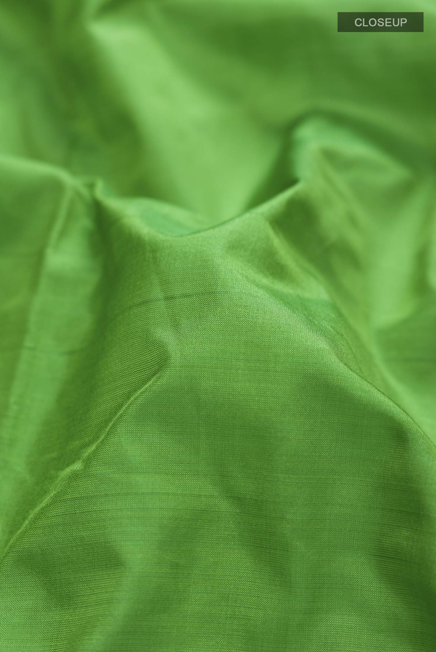 Close up of Green Kanchipuram Silk Nine Yards Saree with Plain Body and Zari Border displaying folds