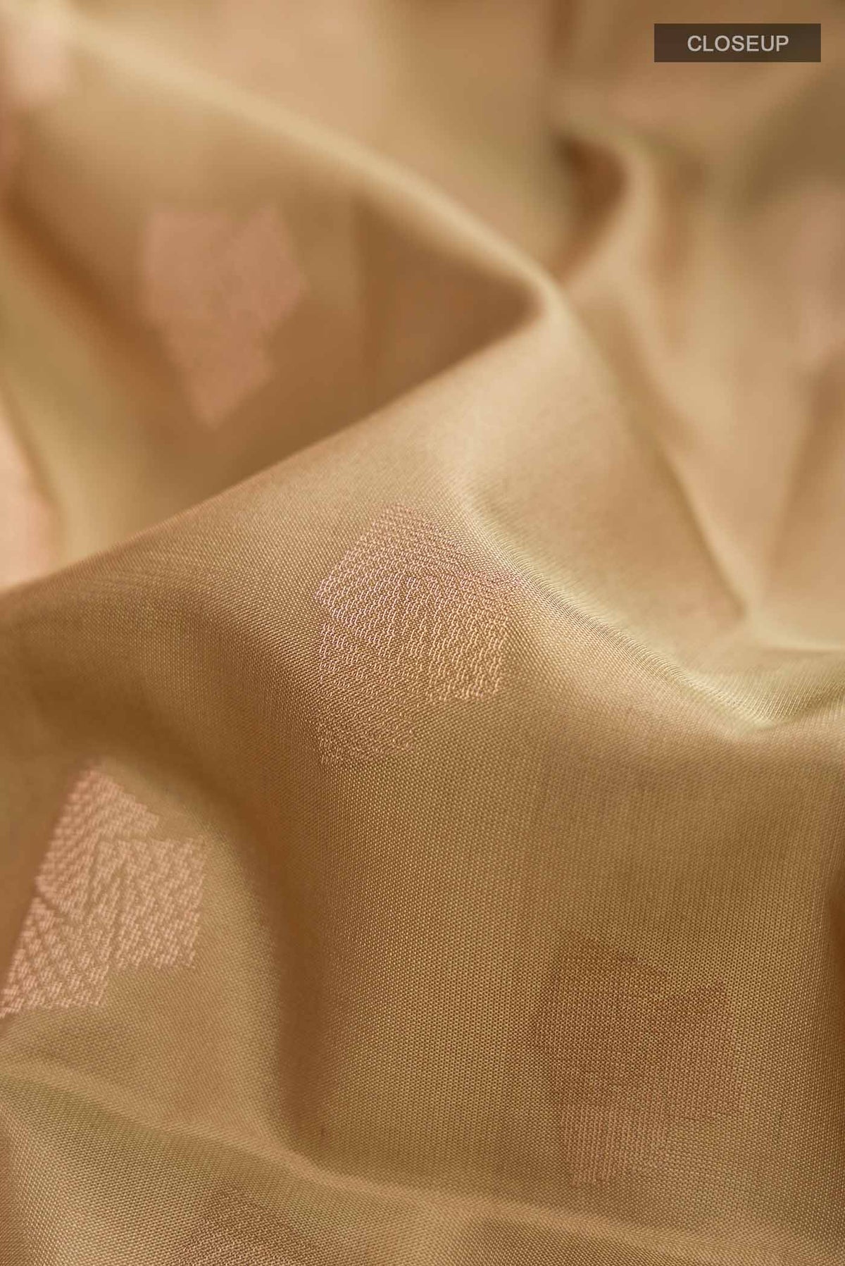 Close up of Beige Soft Silk Saree with Zari Butta on the body and Zari Border displaying folds