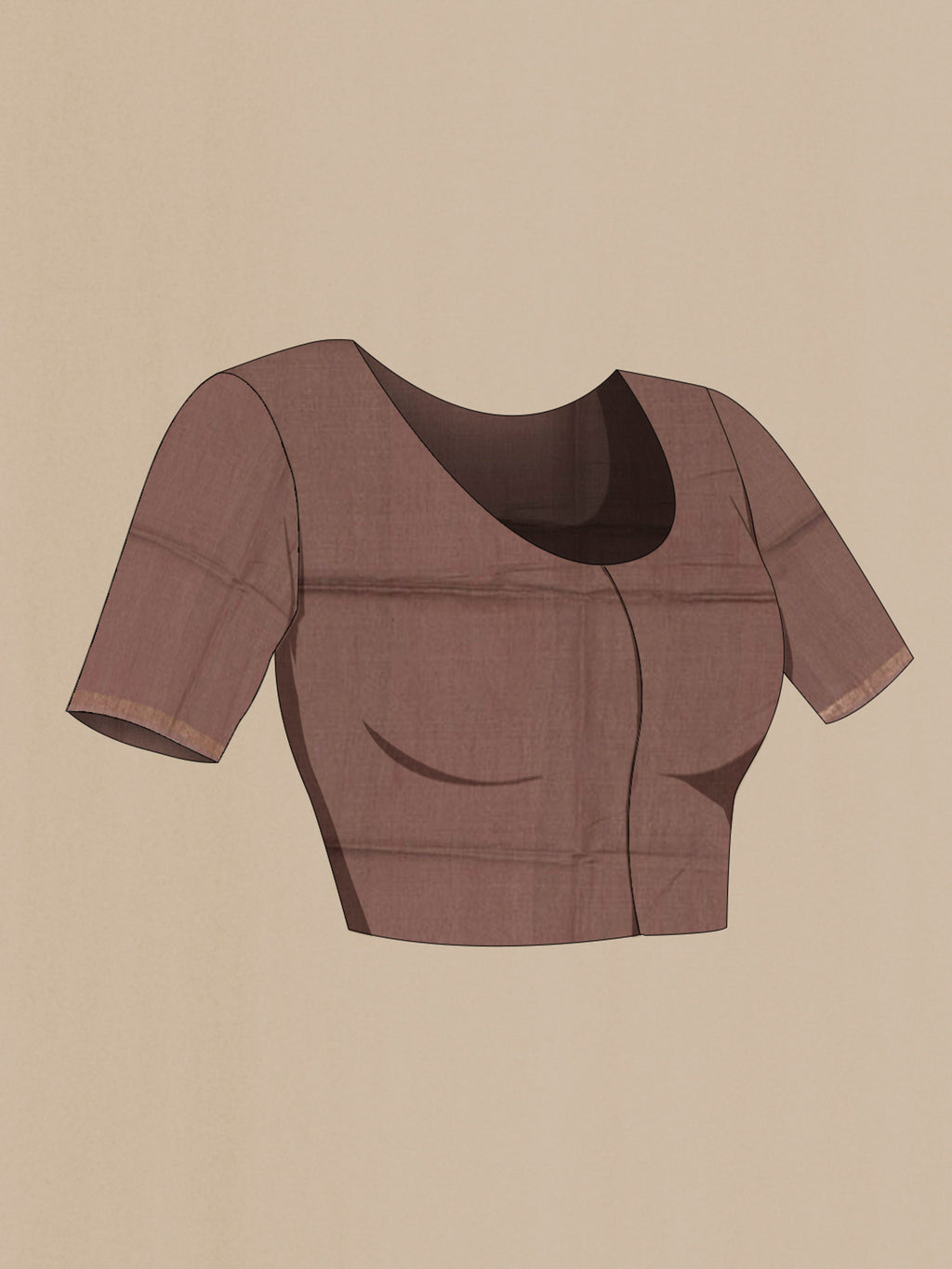 Close up image of the blouse of Brown Tussar Silk Saree with Printed design on the body and Thin Zari Line. 