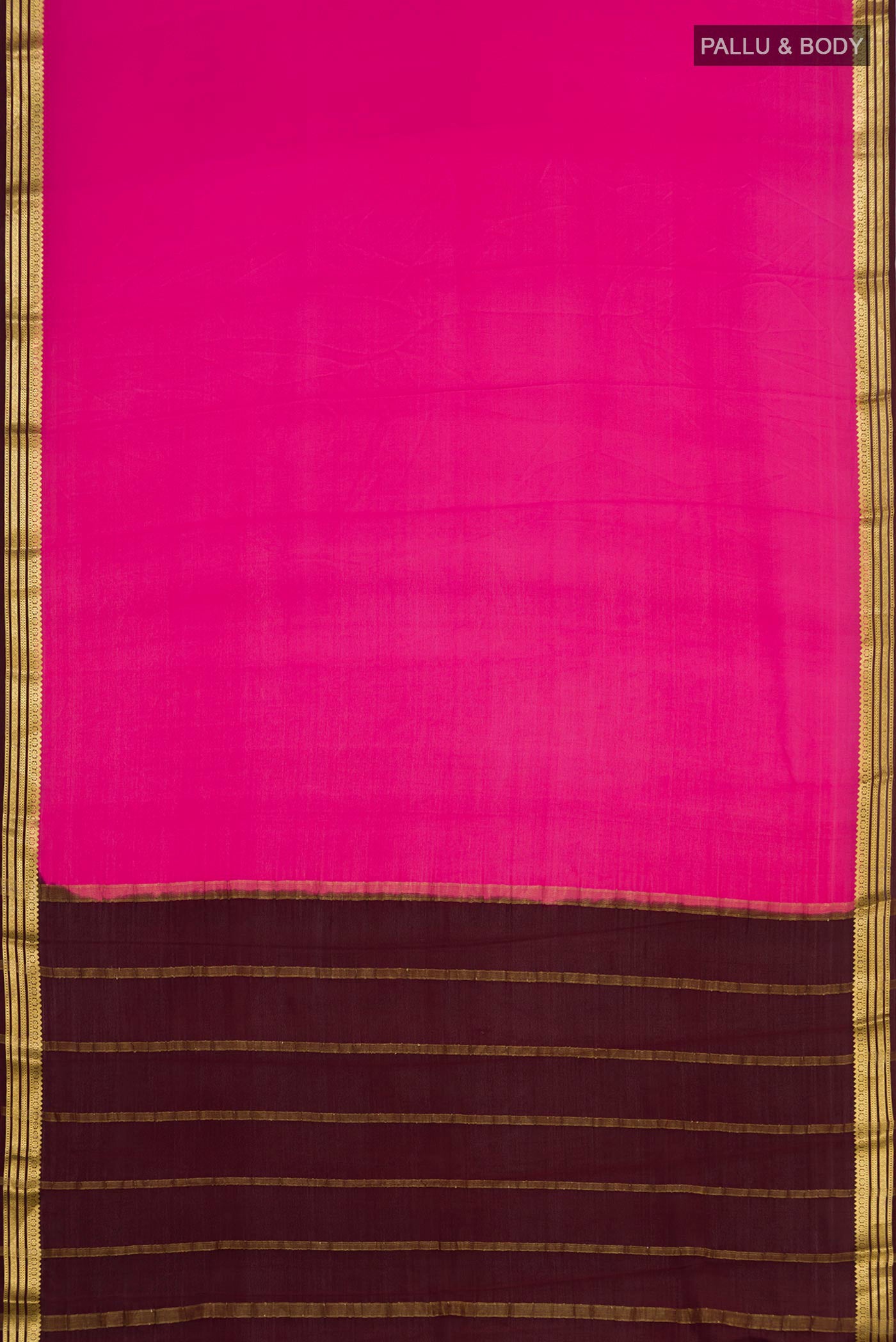 Flat view of Pink Crepe Saree with Plain Body and Zari Border. 