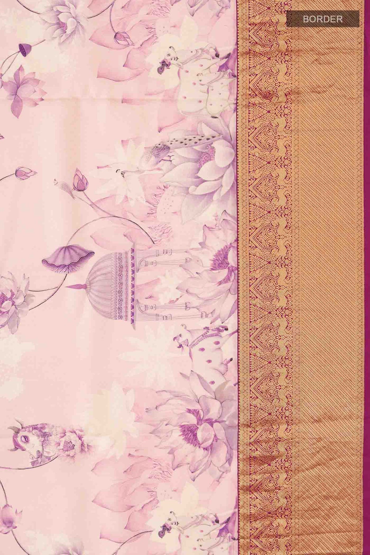 Border image of Pink Printed Silk Saree With Printed design on the body and Zari Border