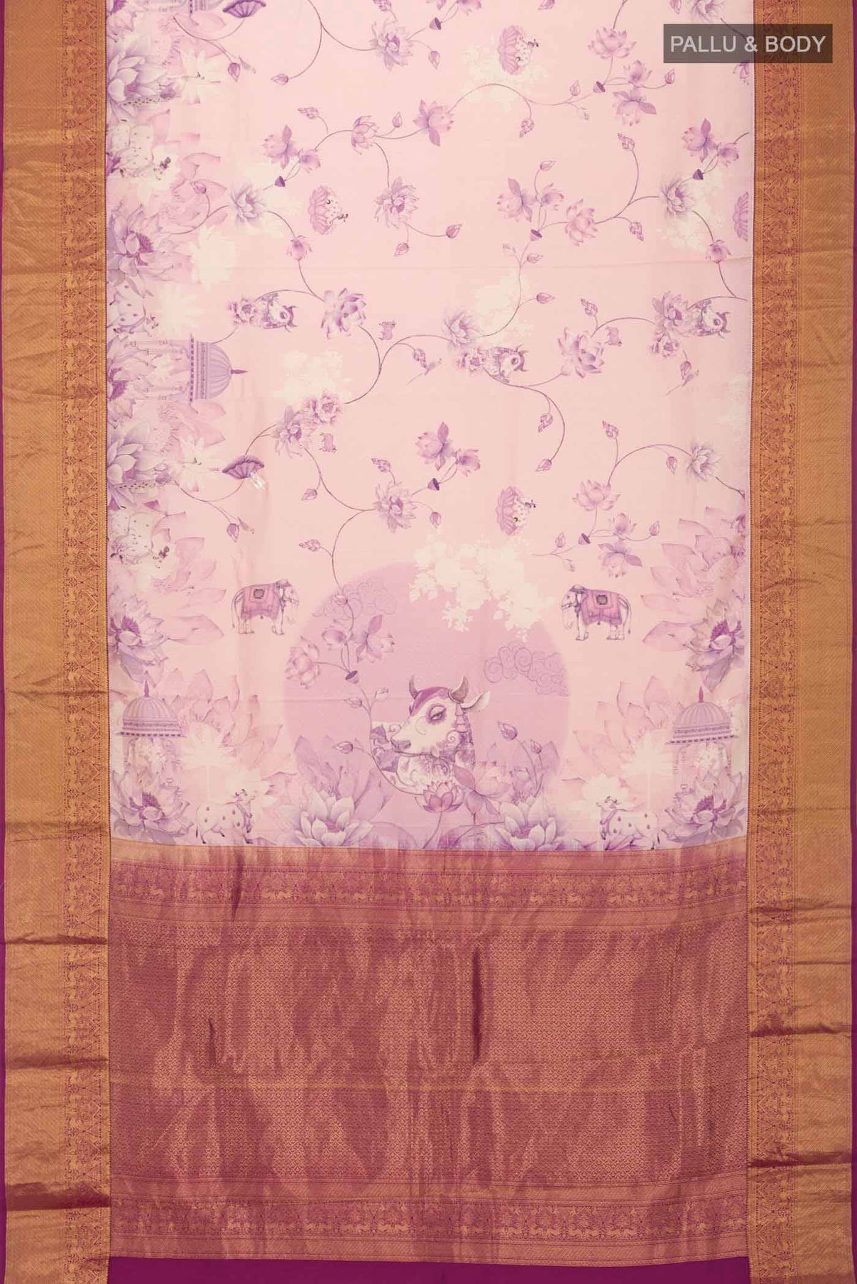 Flat view of Pink Printed Silk Saree With Printed design on the body and Zari Border