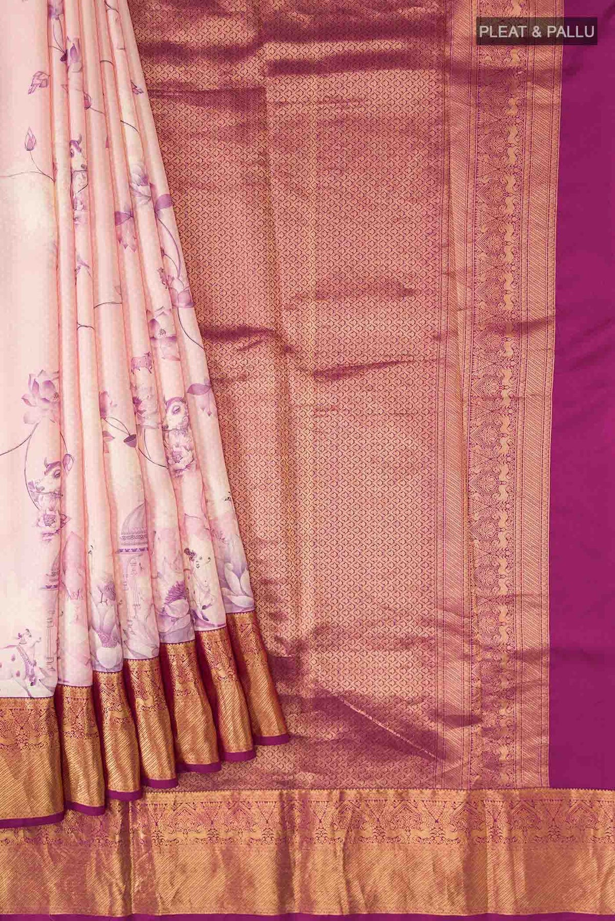 Pleats and pallu of Pink Printed Silk Saree With Printed design on the body and Zari Border