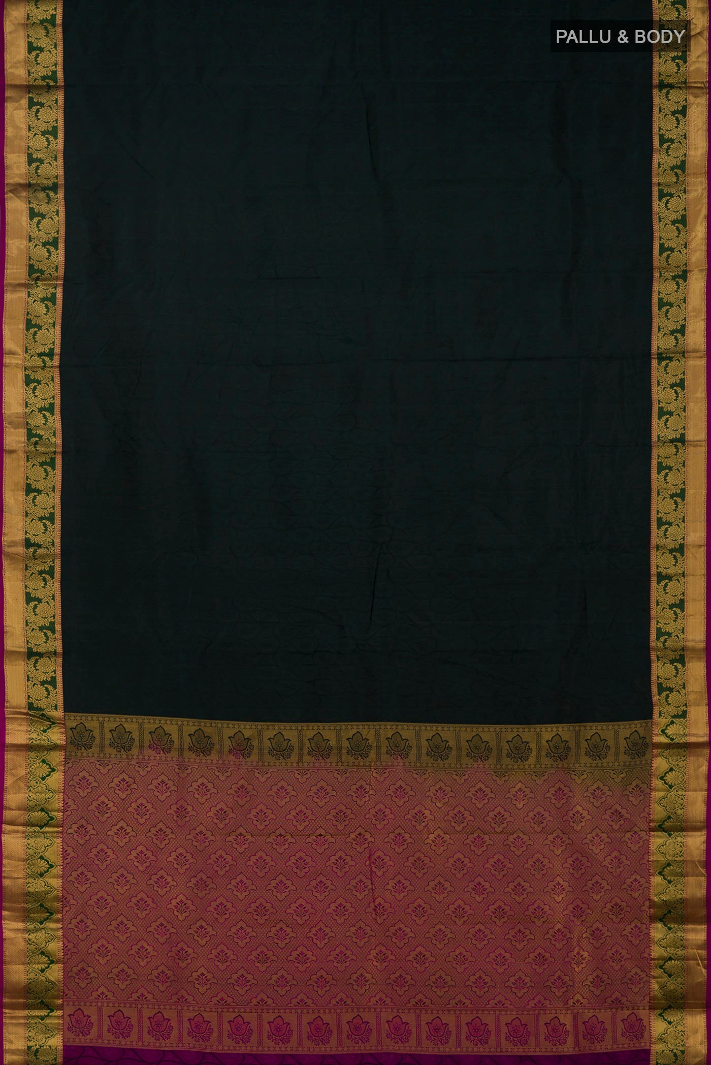 Flat view of Bottle Green Kanjivaram Silk Saree with Jacquard design on the body and Zari Border. 