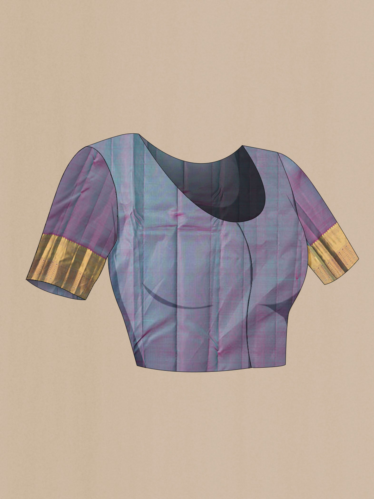 Close up image of the blouse of Blue Kanchipuram Silk Saree with Jacquard With Zari Butta on the body and Zari Border