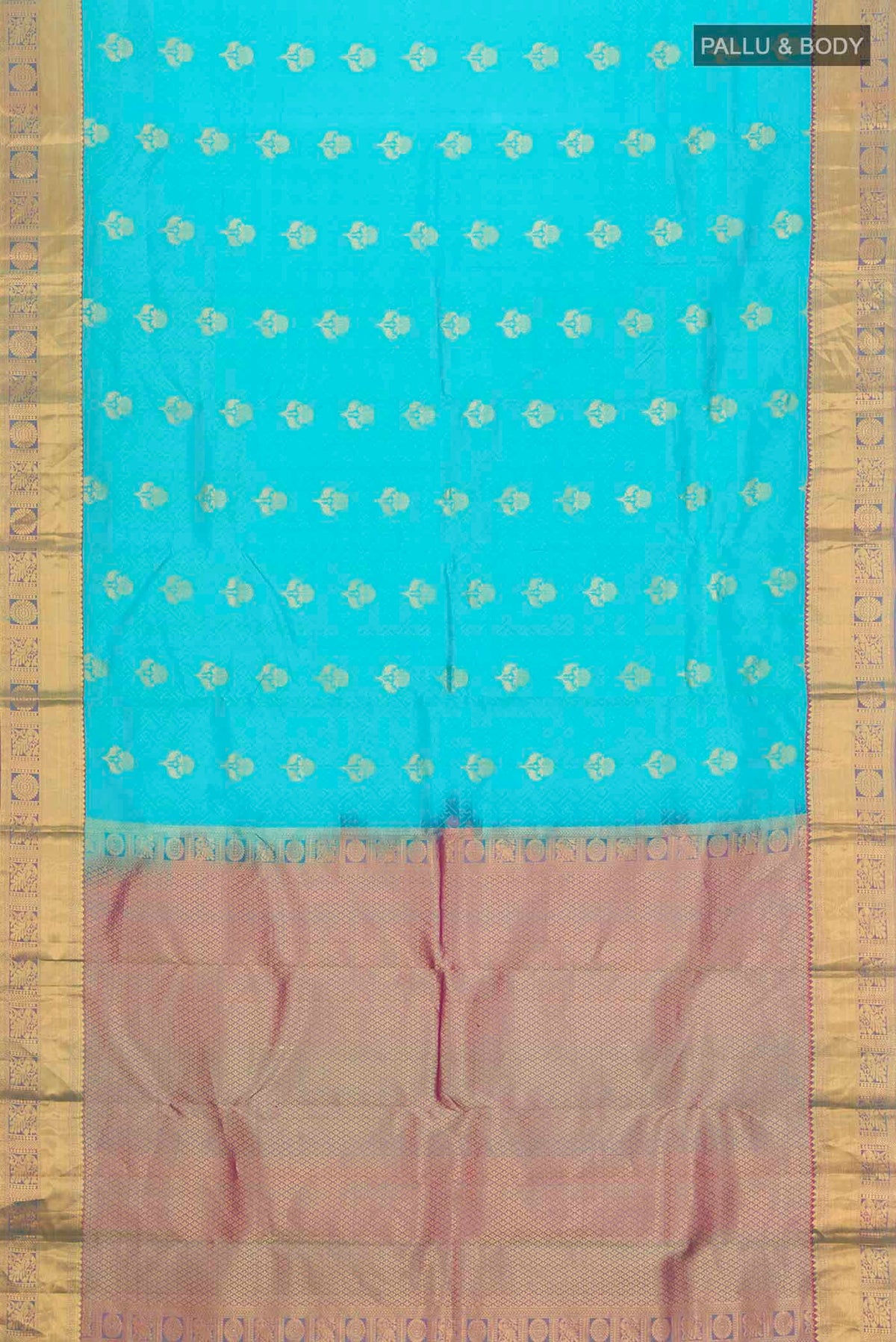 Flat view of Blue Kanchipuram Silk Saree with Jacquard With Zari Butta on the body and Zari Border