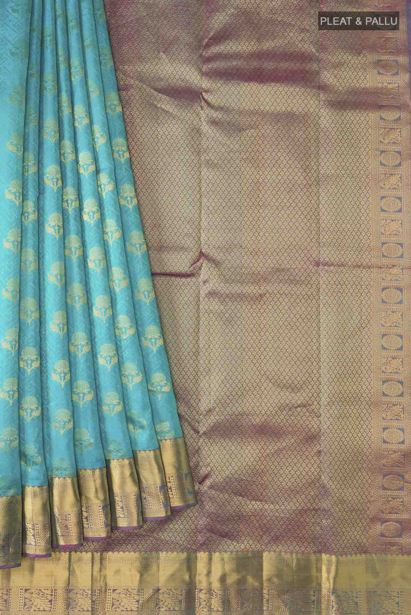 Pleats and pallu of Blue Kanchipuram Silk Saree with Jacquard With Zari Butta on the body and Zari Border