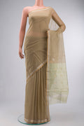 Beige Chanderi Silk Cotton Saree with Zari Butta on the body and Zari Border displayed on a mannequin
