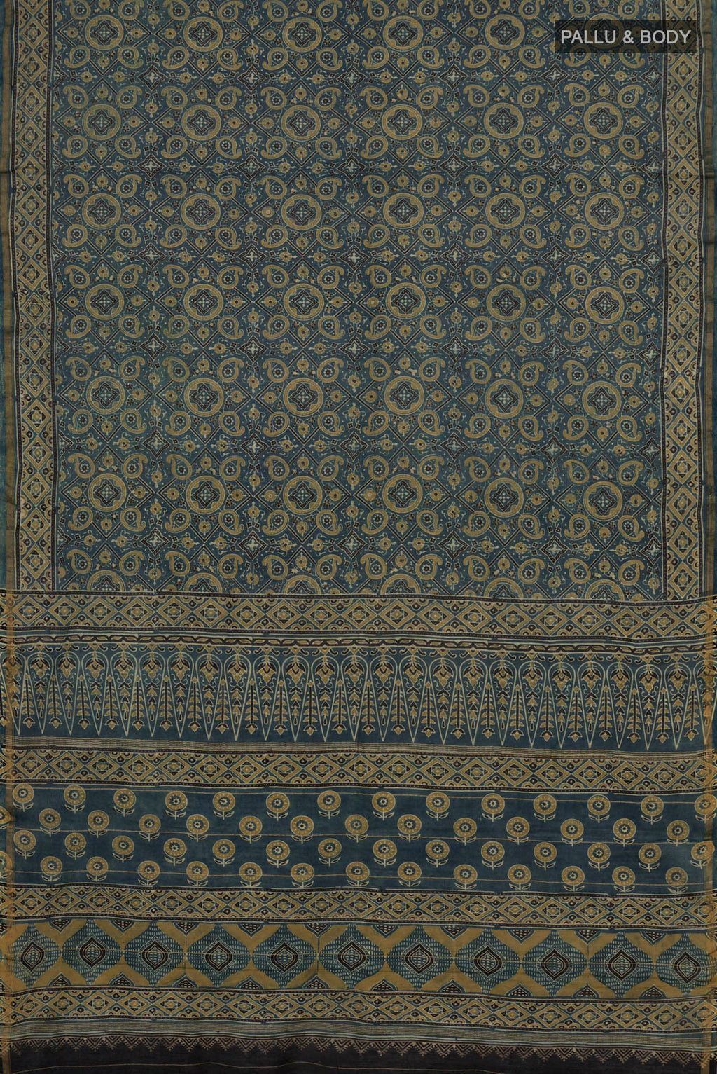 Flat view of Light Blue Chanderi Silk Cotton Saree with Ajrakh Print on the body and Thin Zari Line. 