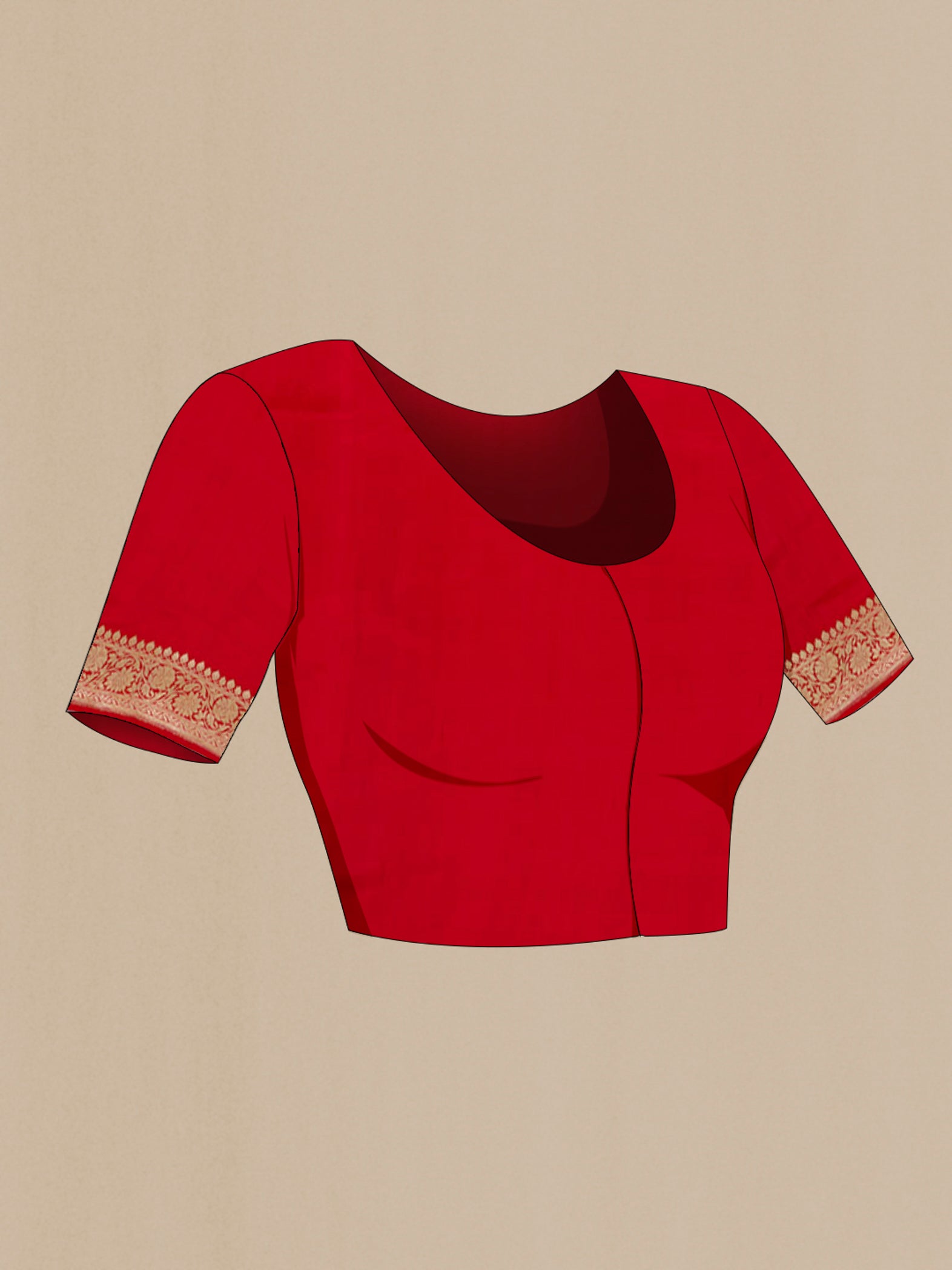 Close up image of the blouse of Red Banarasi Saree with Zari Brocade on the body and Zari Border. 