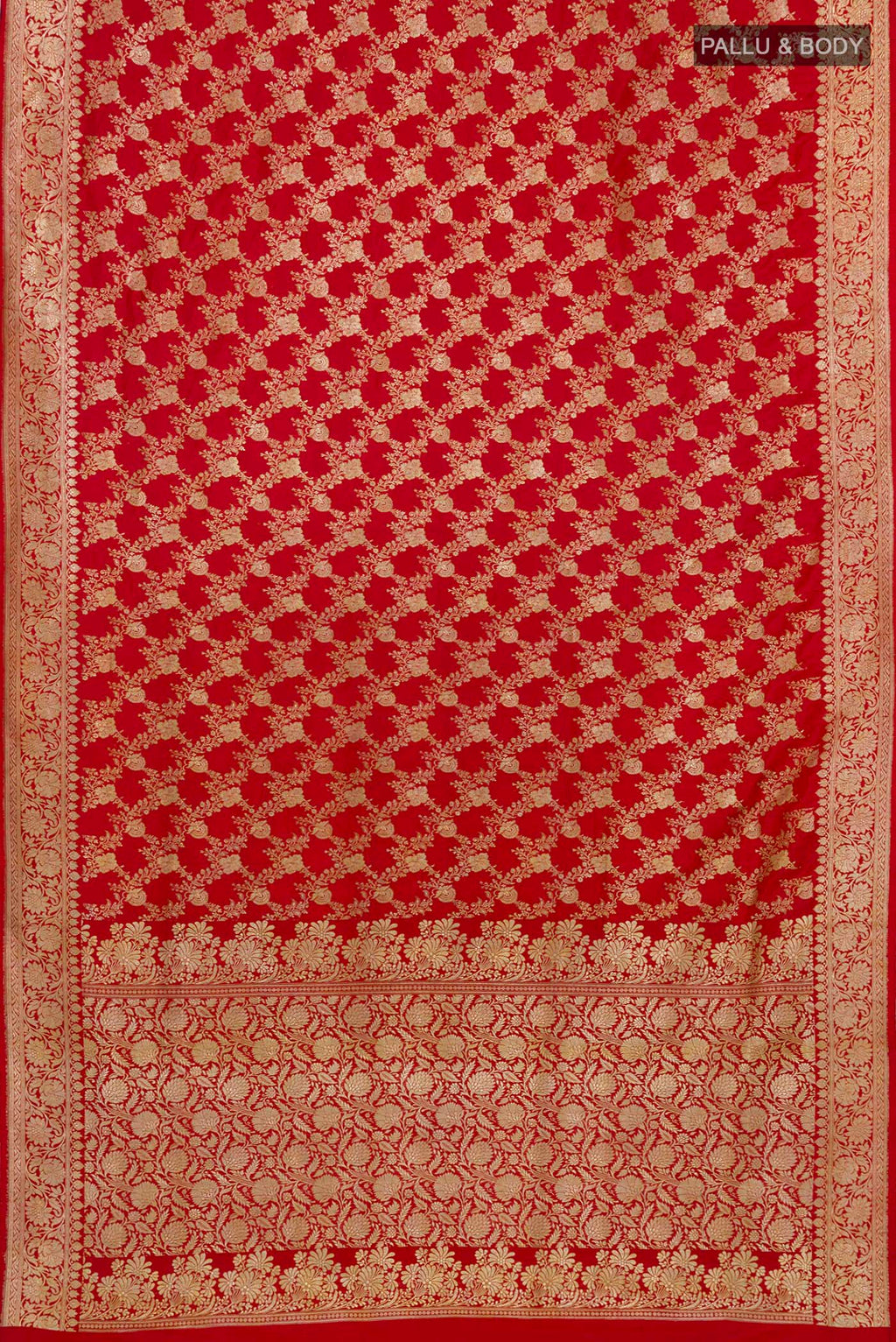 Flat view of Red Banarasi Saree with Zari Brocade on the body and Zari Border. 