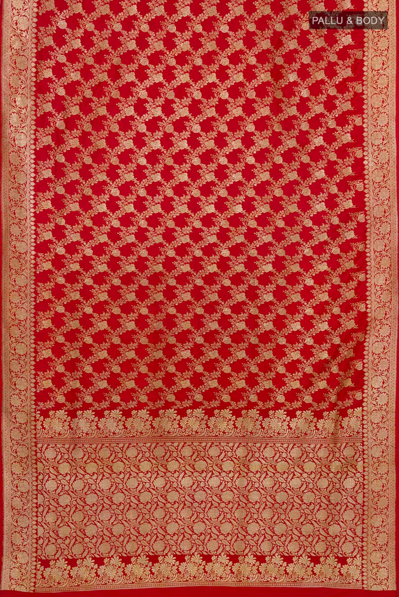 Flat view of Red Banarasi Saree with Zari Brocade on the body and Zari Border. 
