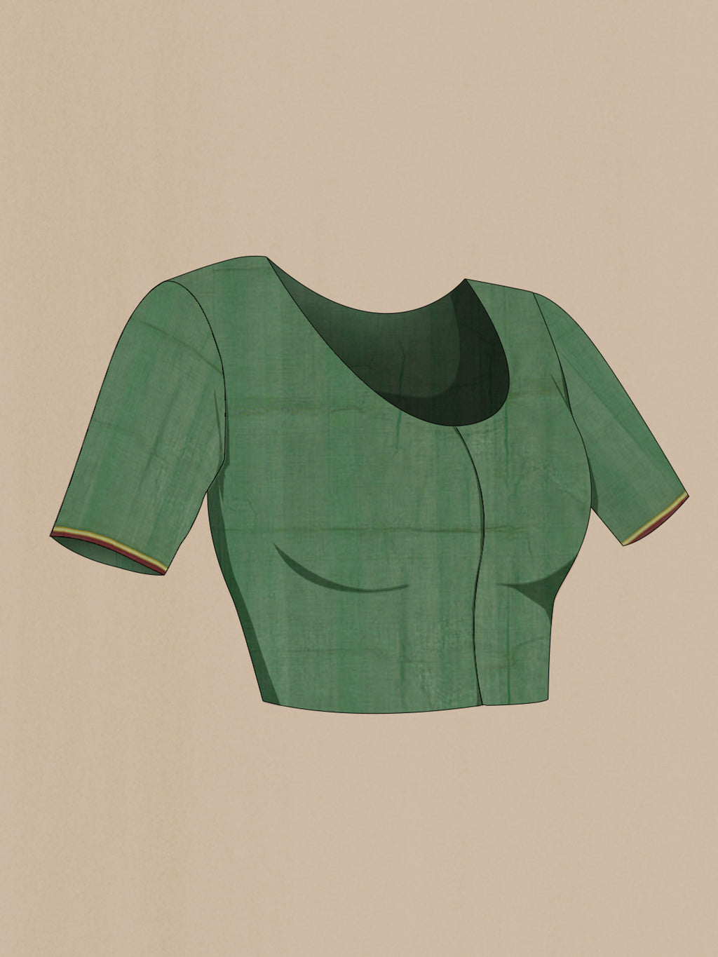 Close up image of the blouse of Green Coimbatore Cotton Saree with Checked design on the body and Without Border. 
