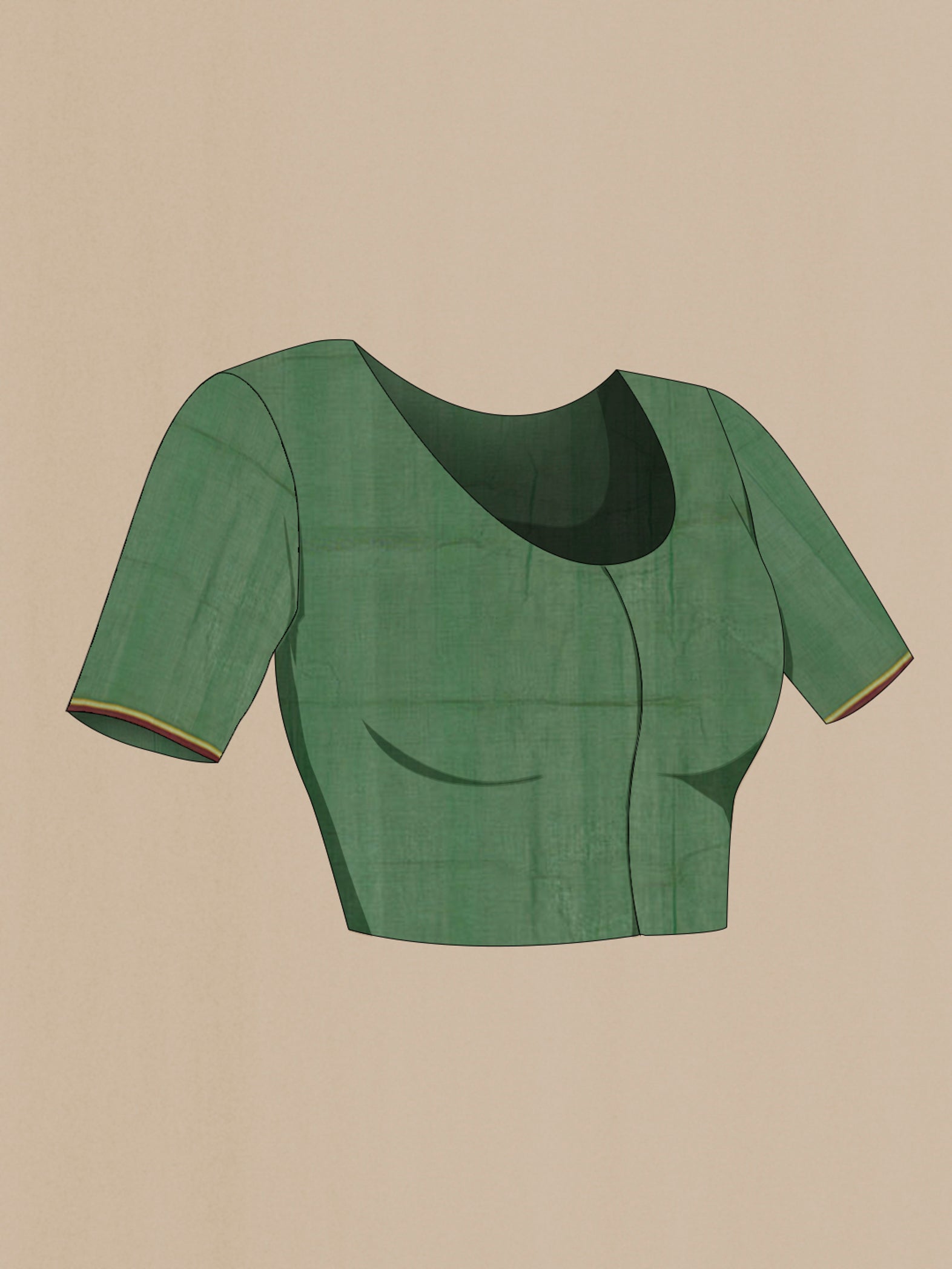 Close up image of the blouse of Green Coimbatore Cotton Saree with Checked design on the body and Without Border. 