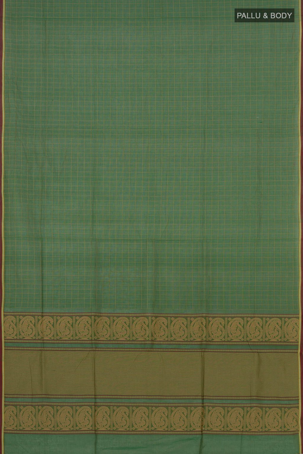 Flat view of Green Coimbatore Cotton Saree with Checked design on the body and Without Border. 