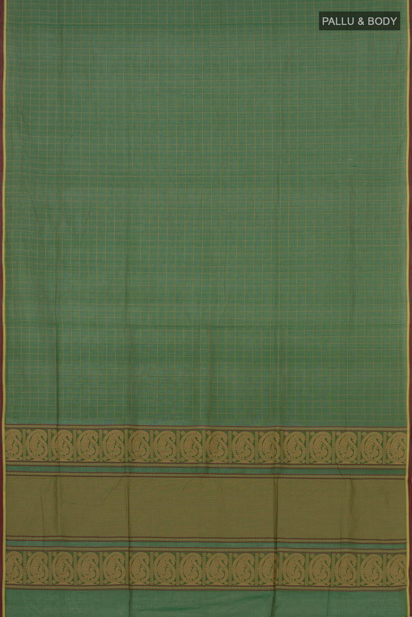 Flat view of Green Coimbatore Cotton Saree with Checked design on the body and Without Border. 