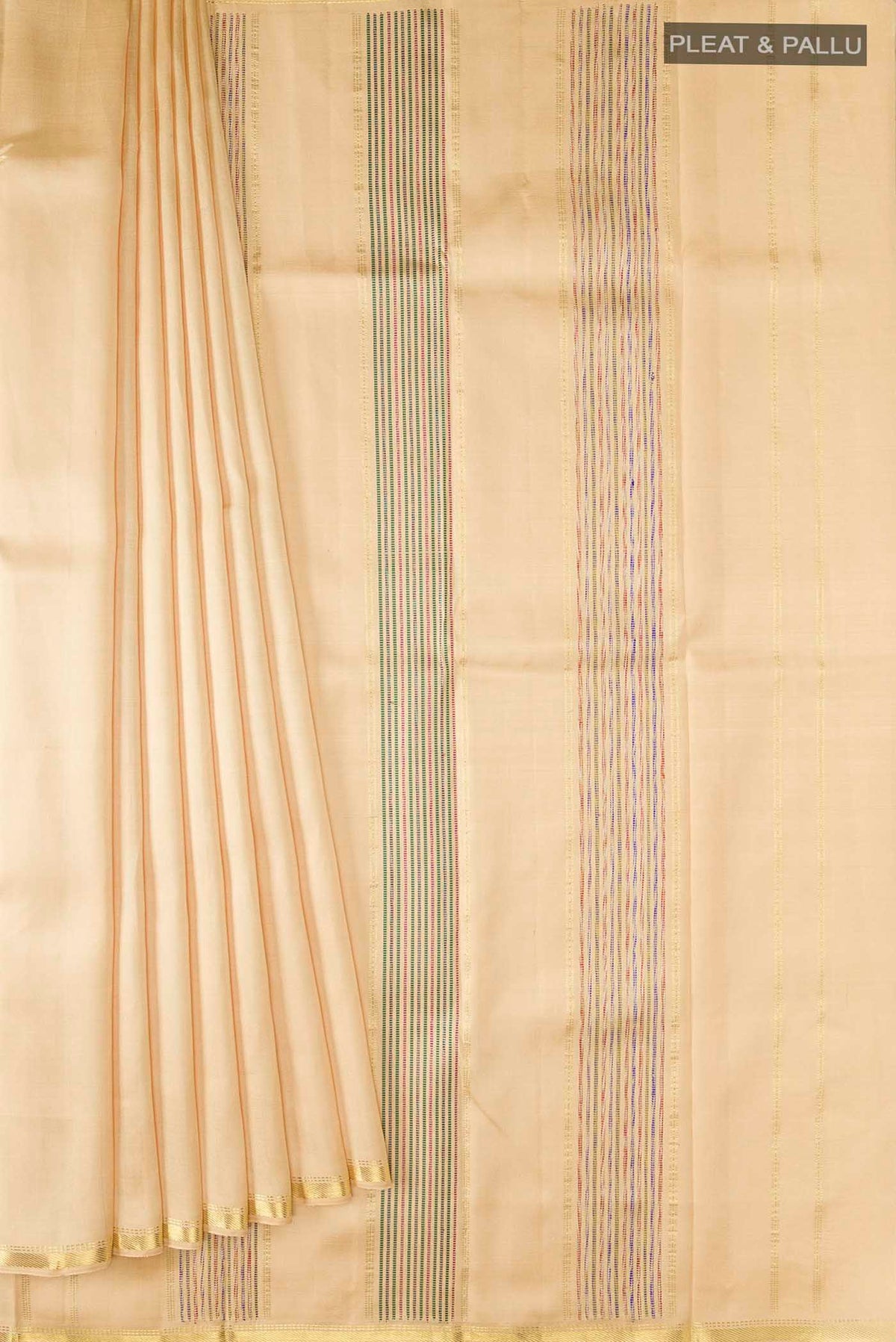 Pleats and pallu of Sandal Kanchipuram Silk Saree with Plain Body and Zari Border