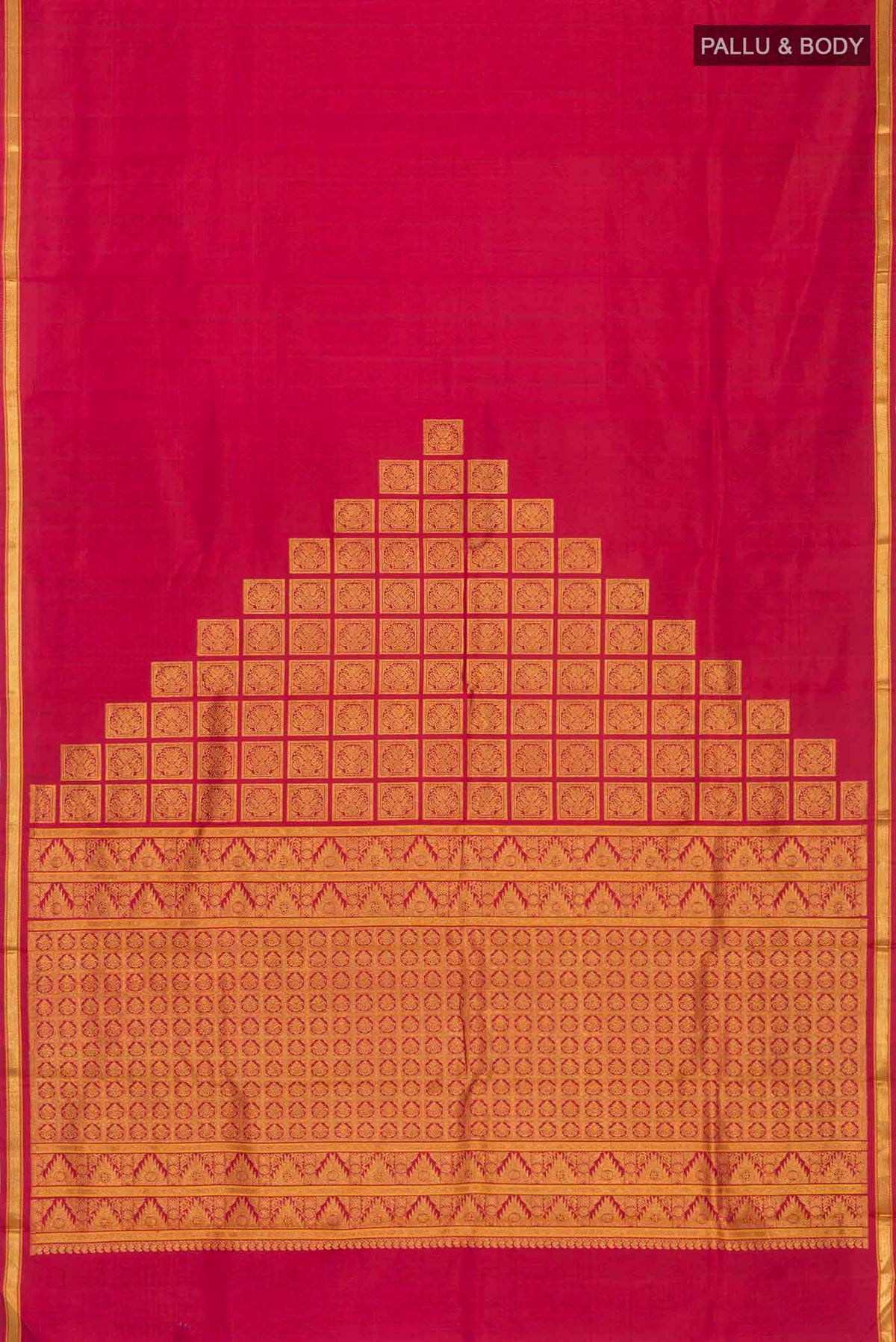 Flat view of Maroon Kanchipuram Silk Saree with Zari Butta on the body and Zari Border