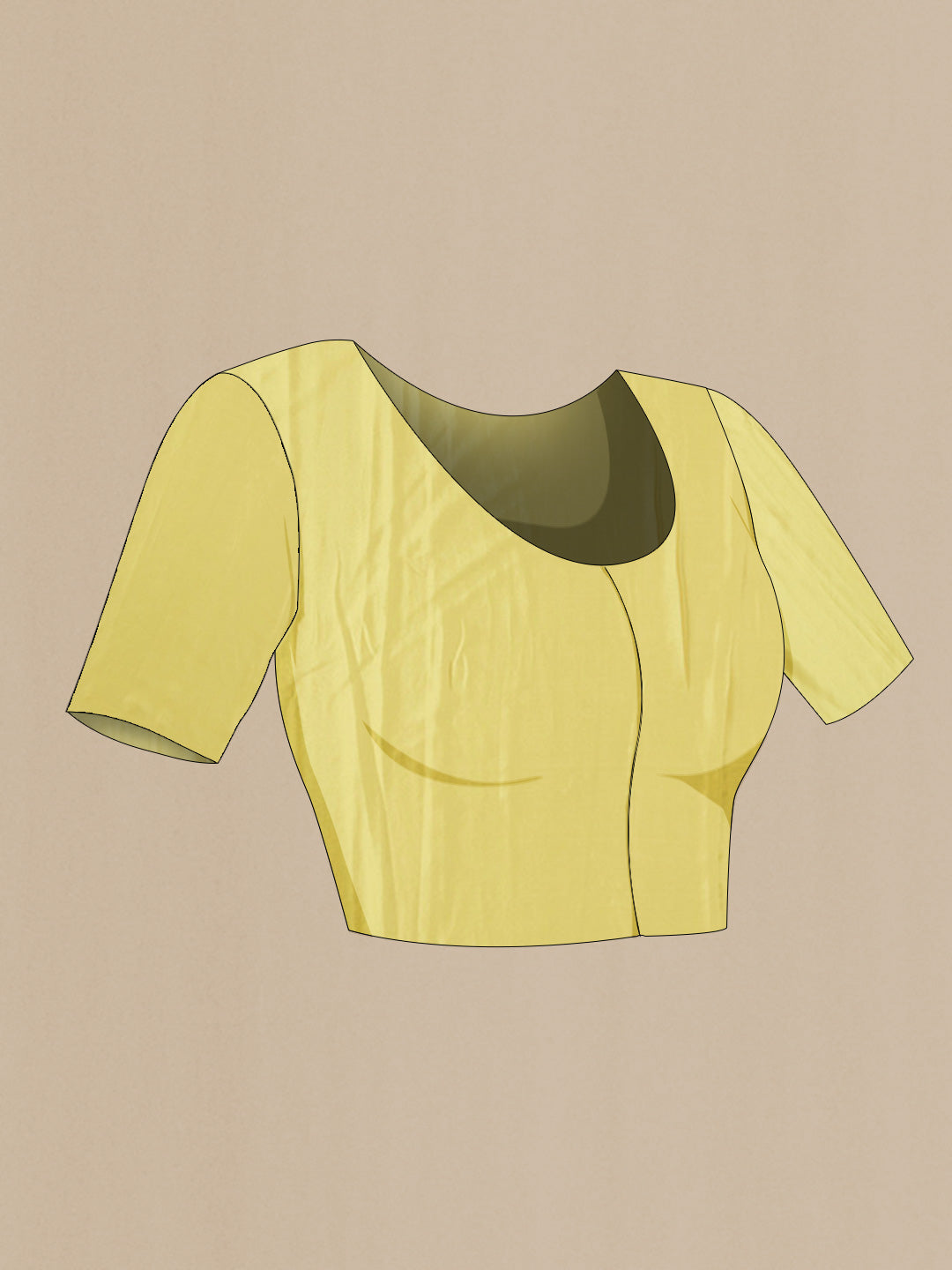 Close up image of the blouse of Yellow Mysore Crepe Saree with Zari Brocade on the body and Zari Border