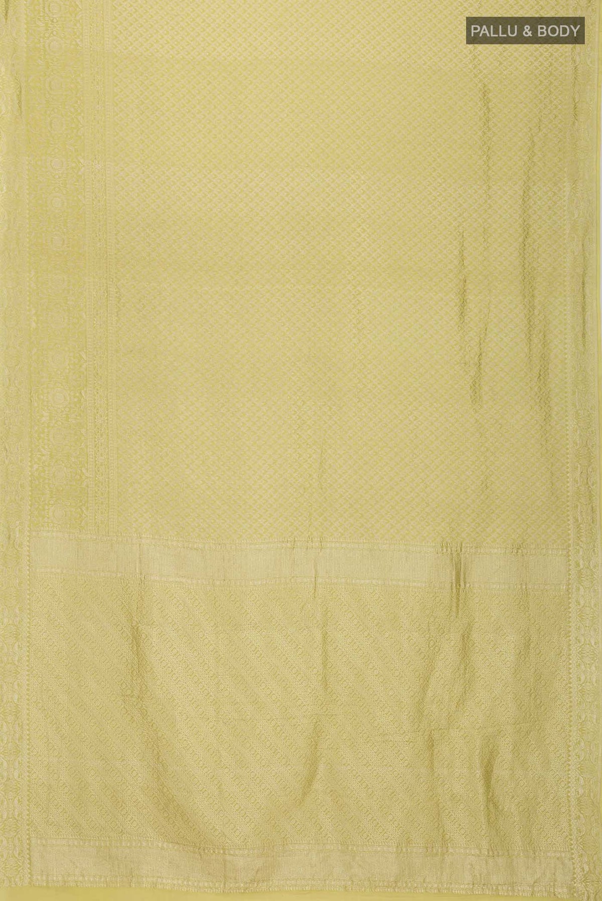 Flat view of Yellow Mysore Crepe Saree with Zari Brocade on the body and Zari Border
