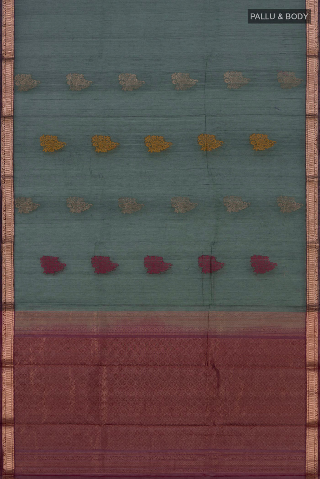 Flat view of Green Coimbatore Silk Cotton Saree with Zari Butta on the body and Zari Border. 