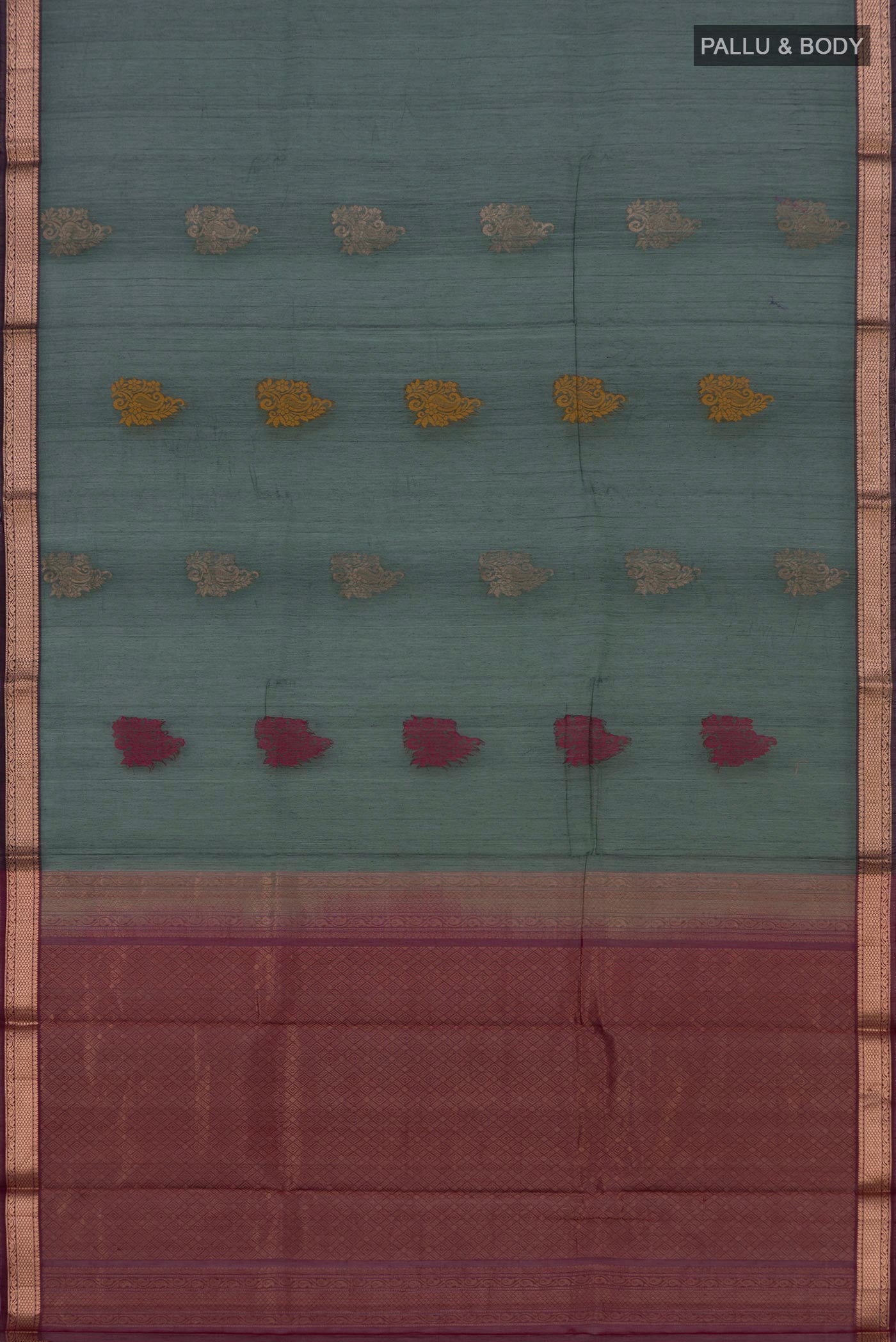 Flat view of Green Coimbatore Silk Cotton Saree with Zari Butta on the body and Zari Border. 