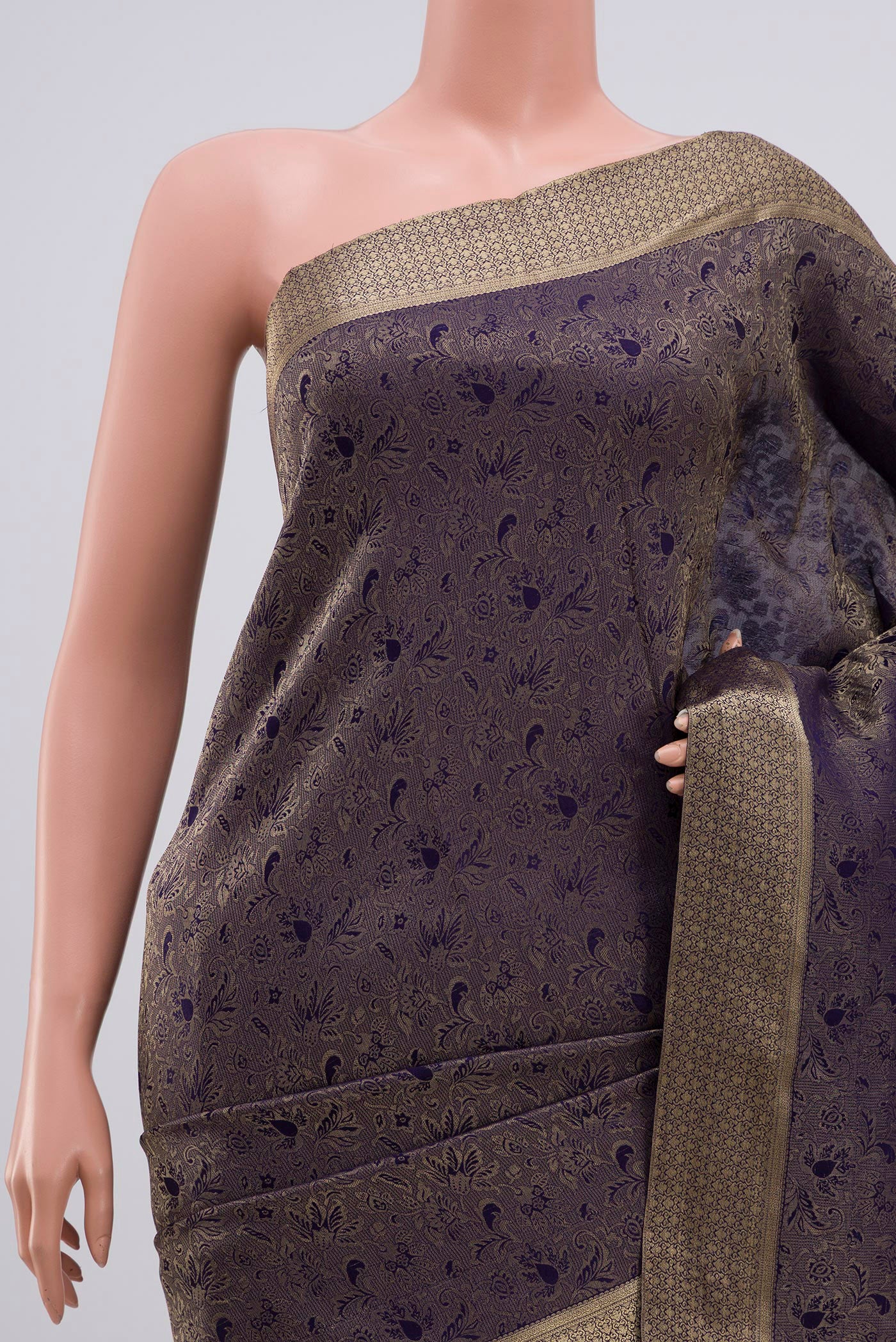 Border image of Navy Blue Mysore Crepe Saree with Zari Brocade on the body and Zari Border. 