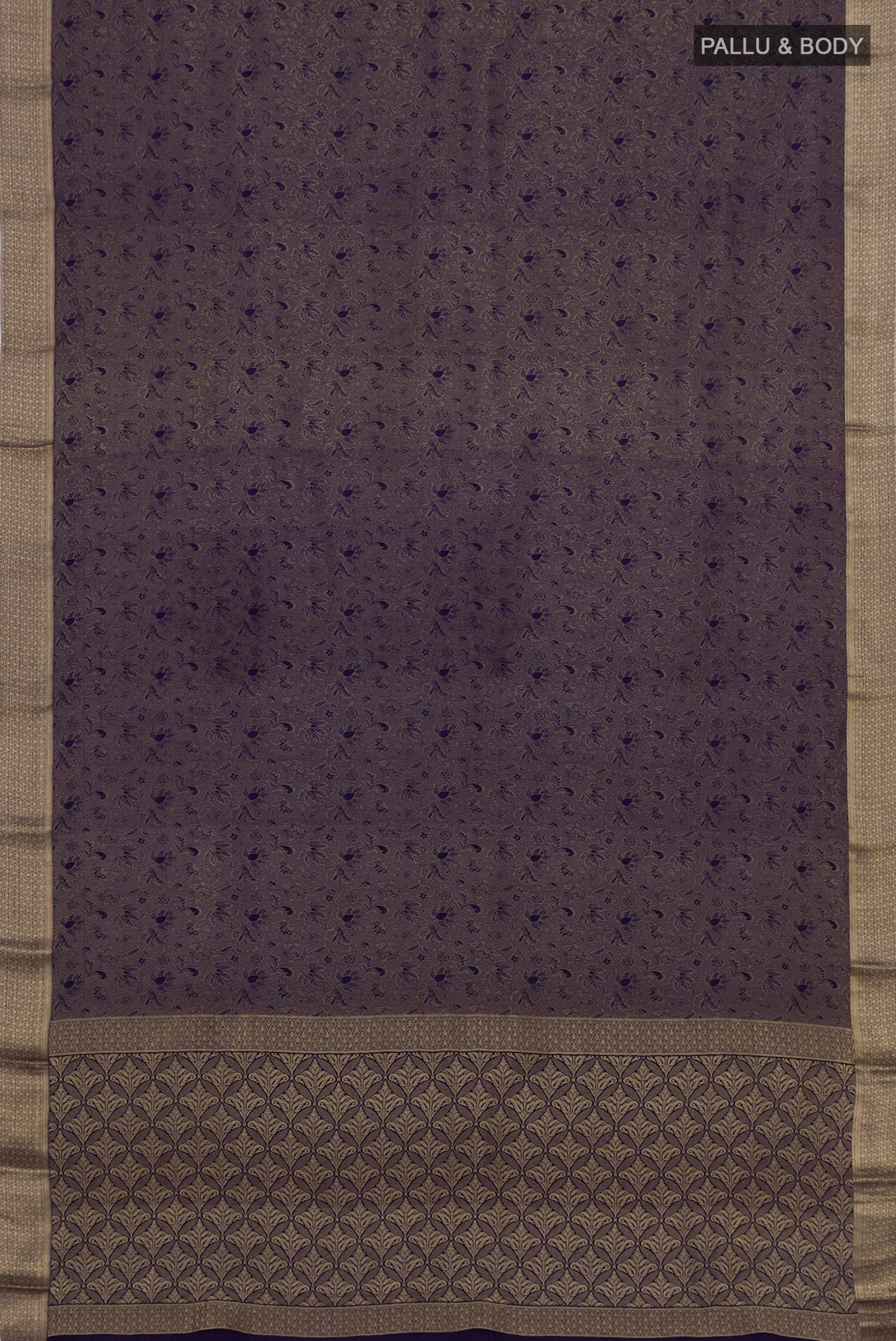Flat view of Navy Blue Mysore Crepe Saree with Zari Brocade on the body and Zari Border. 