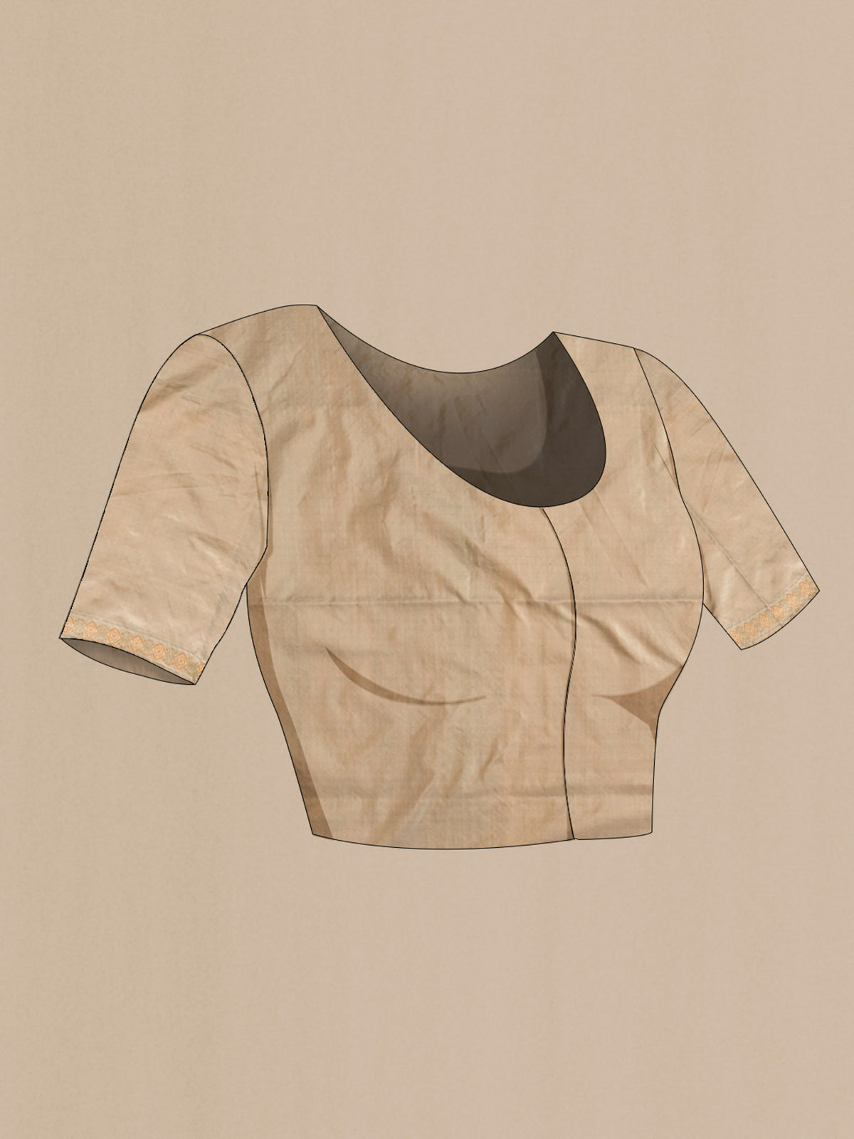 Close up image of the blouse of Beige Banarasi Tanchoi Silk Saree with Jacquard design on the body and Thread Border