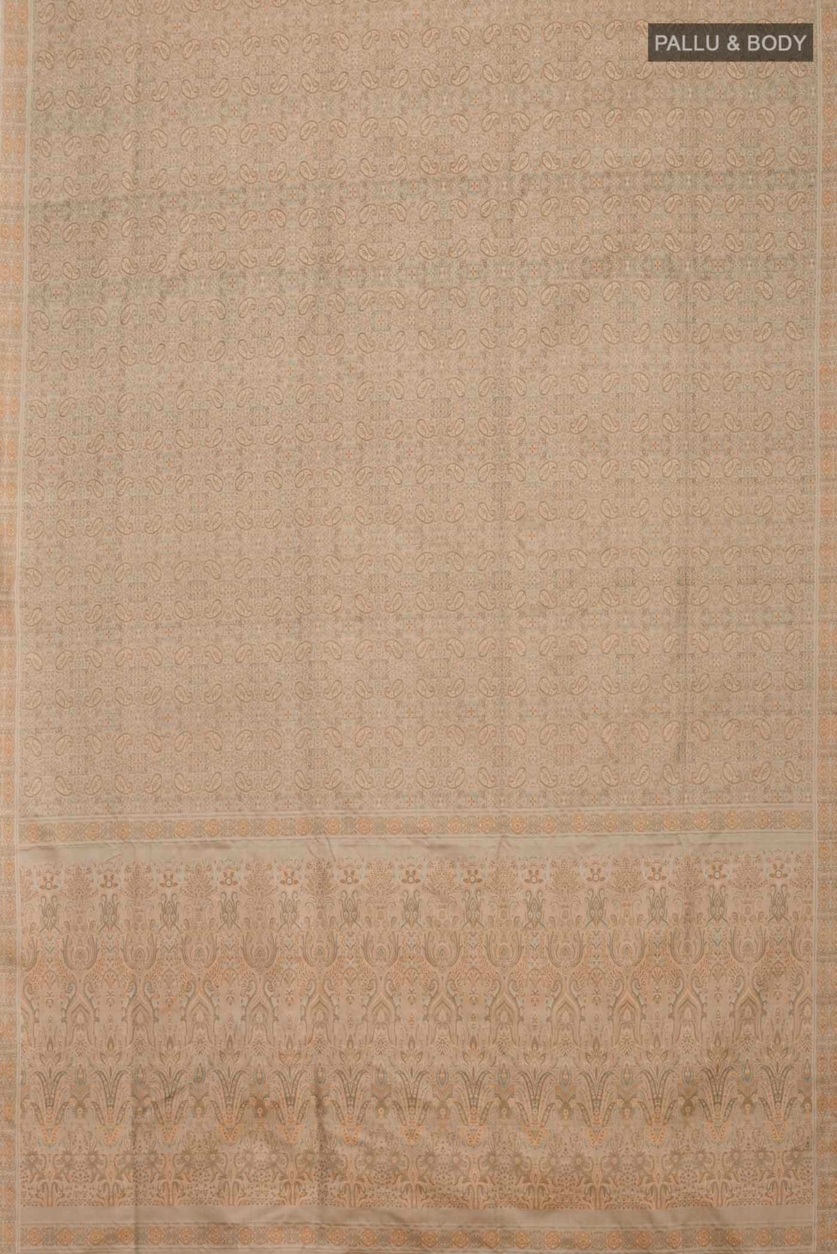 Flat view of Beige Banarasi Tanchoi Silk Saree with Jacquard design on the body and Thread Border
