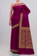Purple Banarasi Silk Saree with Plain Body and Thread Border.  displayed on a mannequin