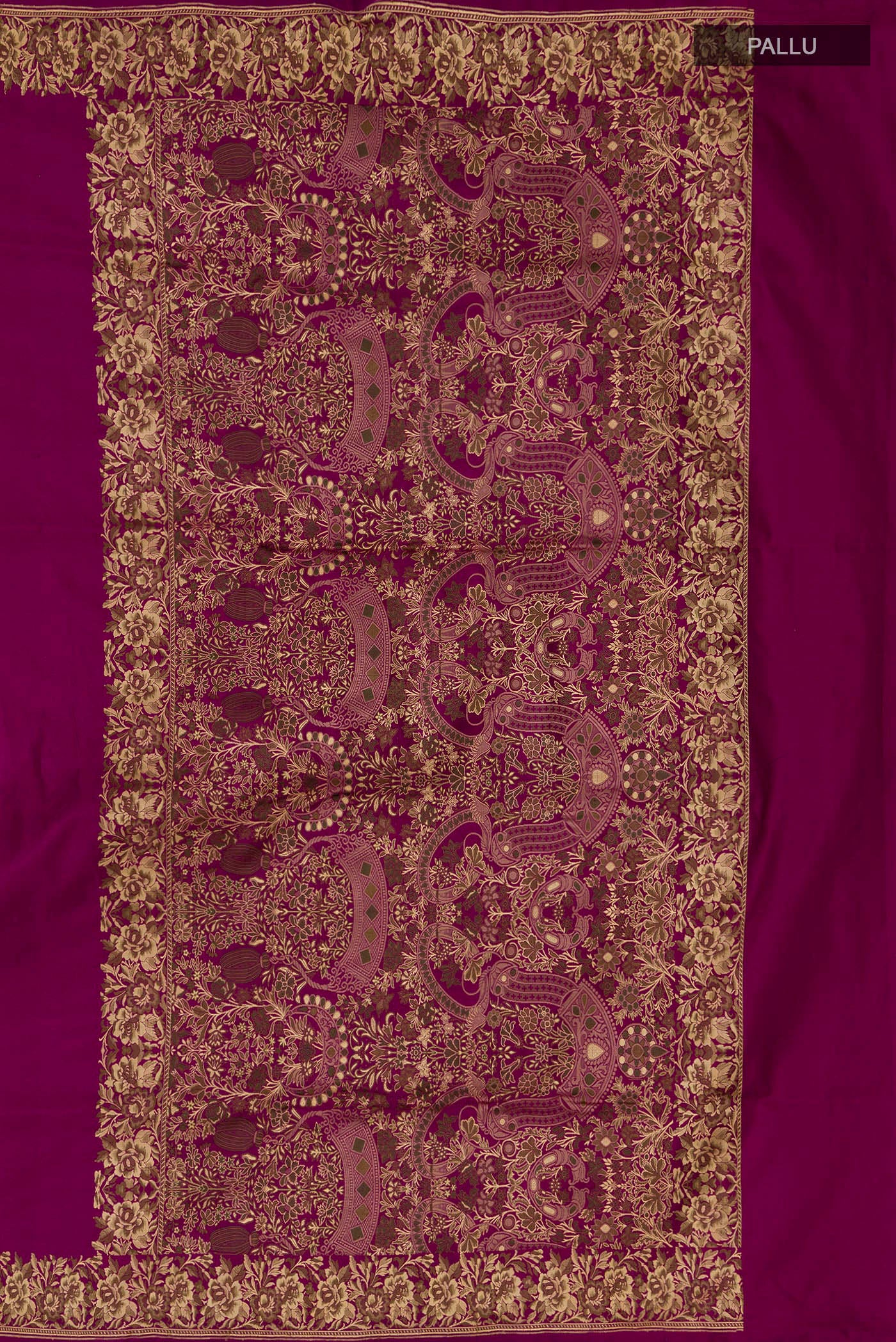 Close up image of the pallu of Purple Banarasi Silk Saree with Plain Body and Thread Border. 
